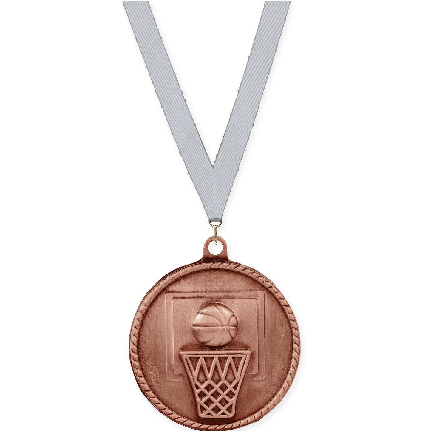 2 inch basketball High Relief medal in antique bronze with Silver Metallic neck ribbon