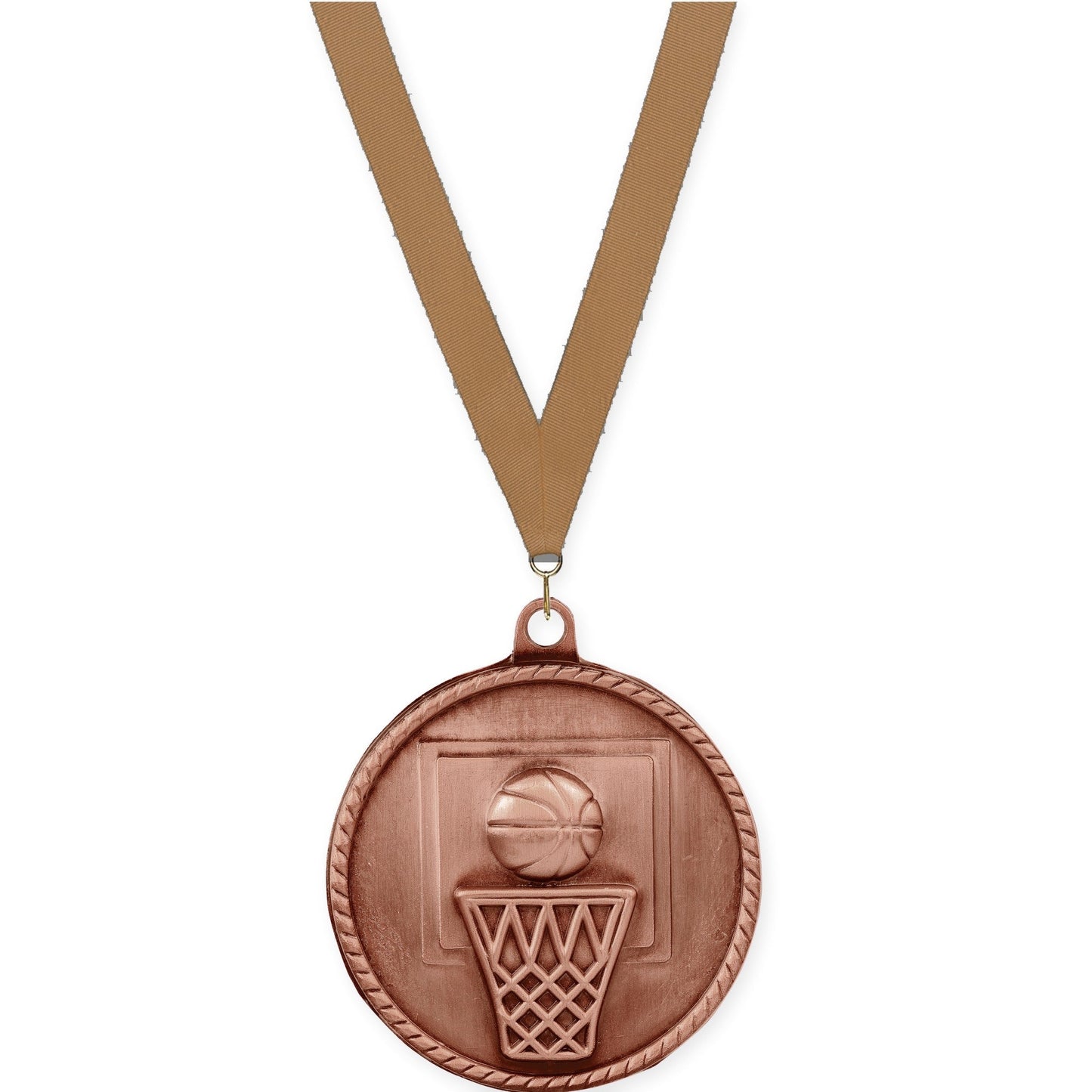 2 inch basketball High Relief medal in antique bronze with Bronze Metallic neck ribbon