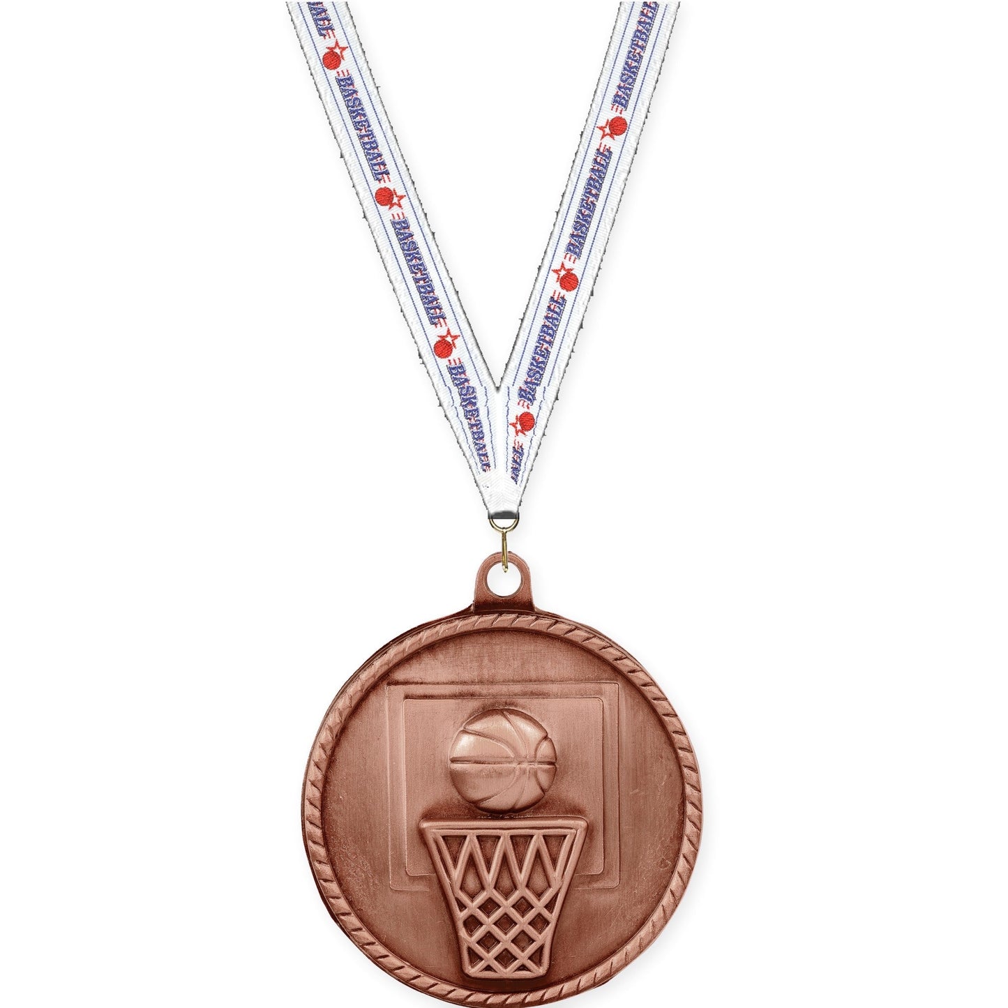 2 inch basketball High Relief medal in antique bronze with Basketball neck ribbon