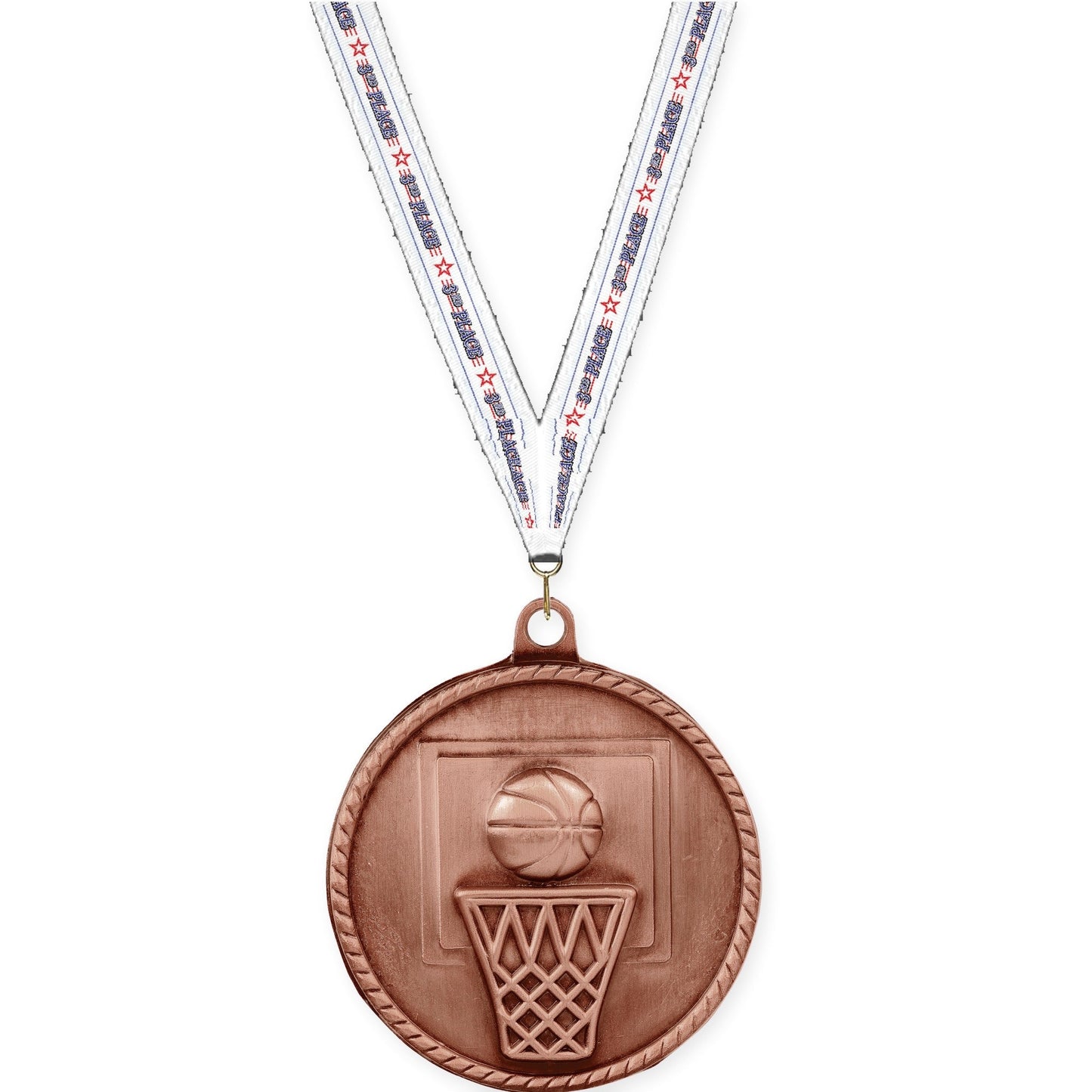 2 inch basketball High Relief medal in antique bronze with 3rd Place neck ribbon
