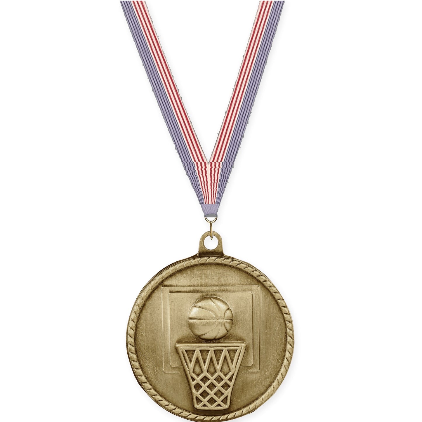 2 inch basketball High Relief medal in antique gold with USA Flag neck ribbon