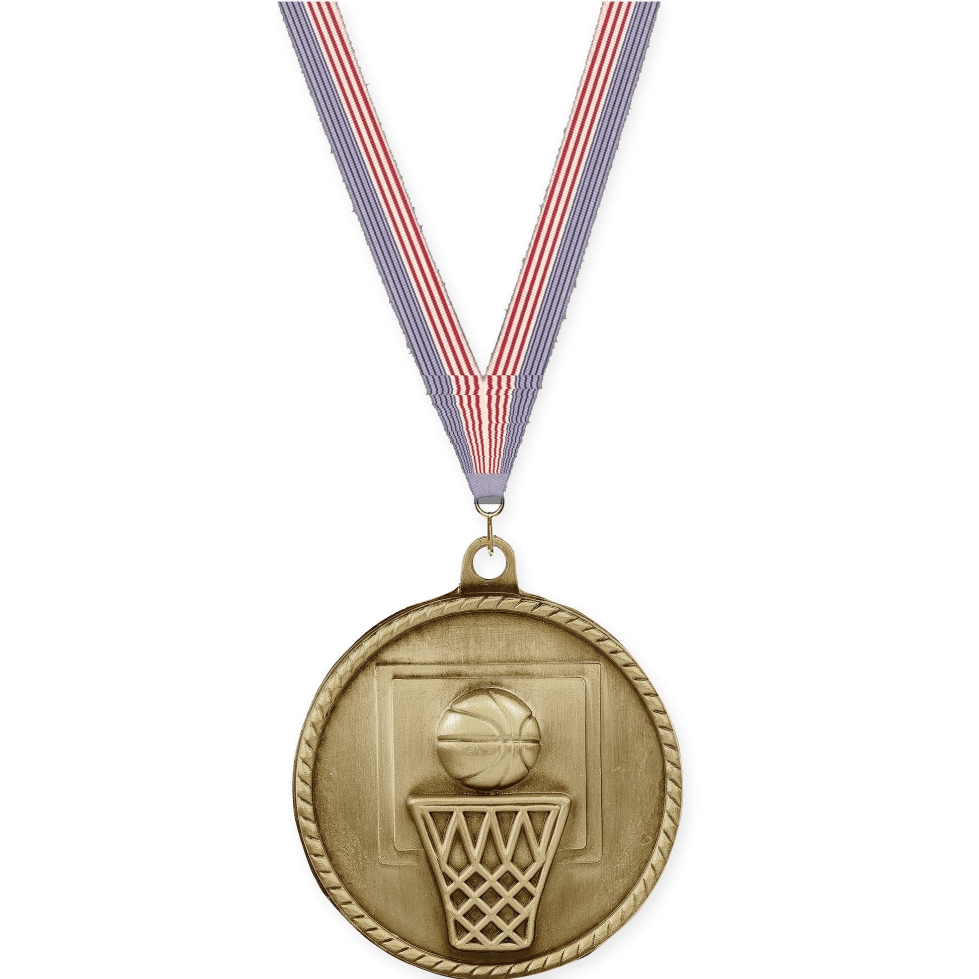 2 inch basketball High Relief medal in antique gold with USA Flag neck ribbon
