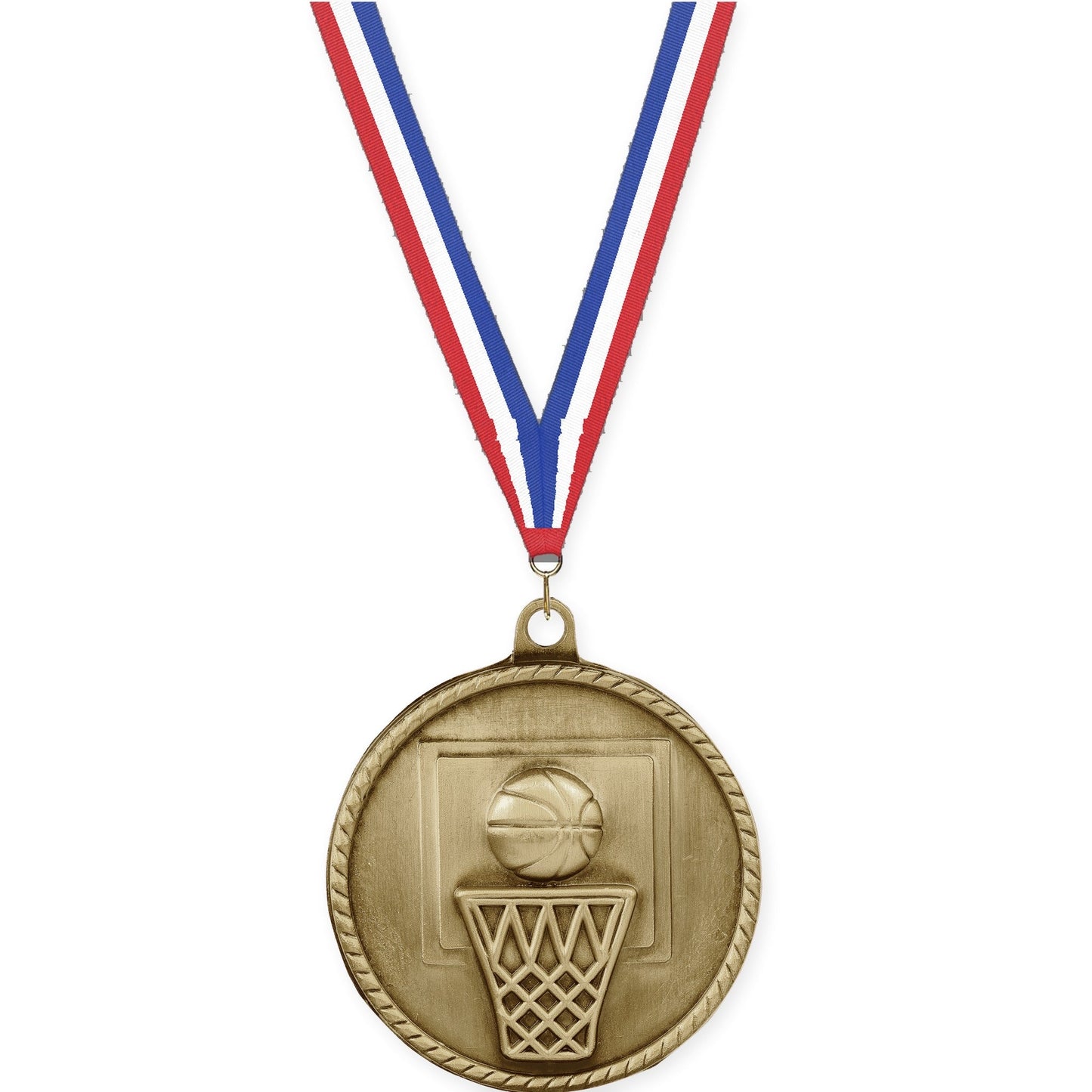 2 inch basketball High Relief medal in antique gold with Red White Blue neck ribbon