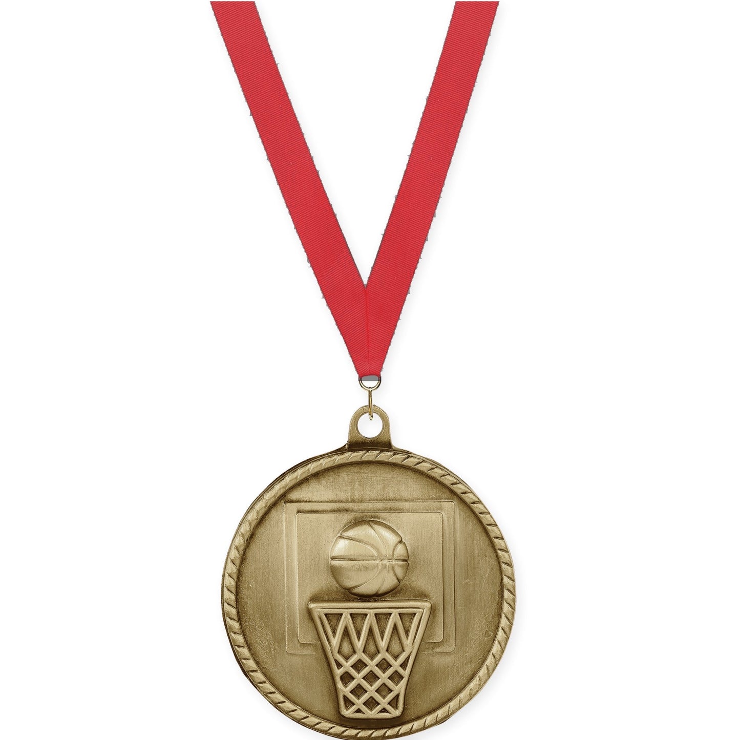 2 inch basketball High Relief medal in antique gold with Red neck ribbon