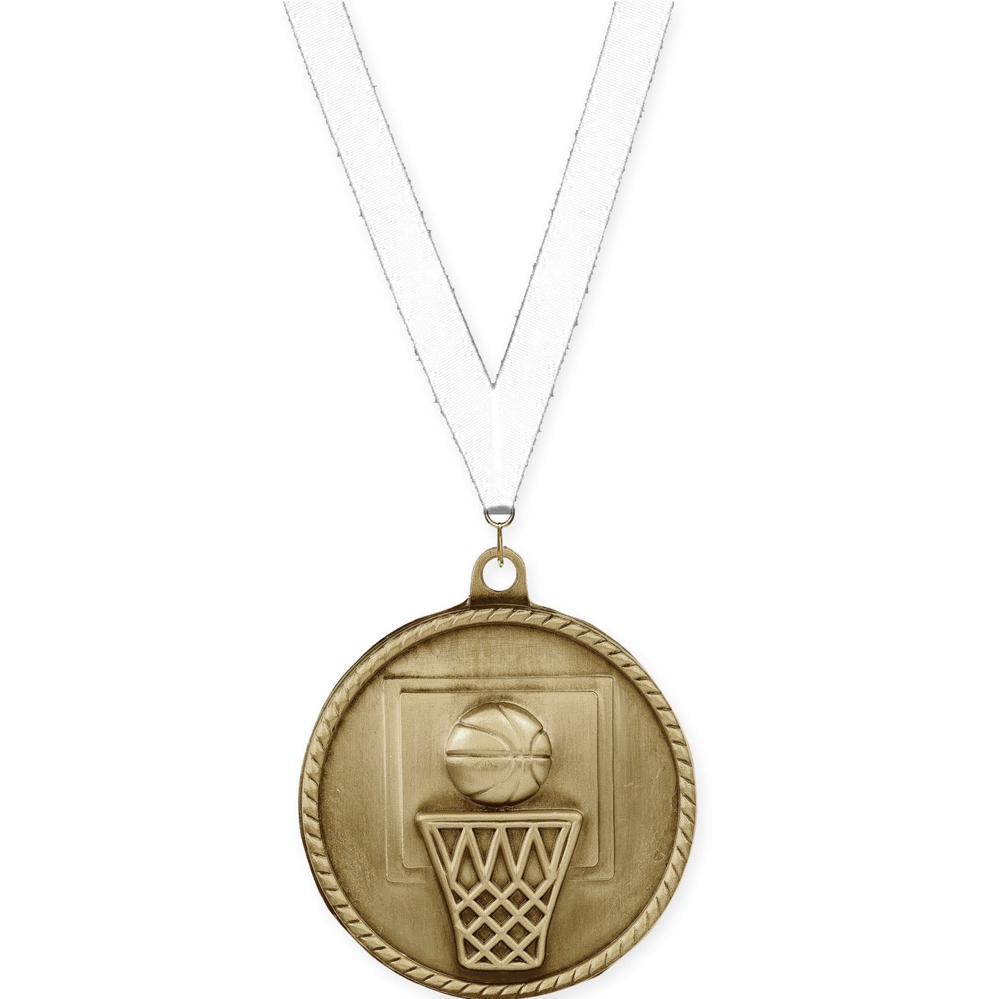 2 inch basketball High Relief medal in antique gold with White neck ribbon