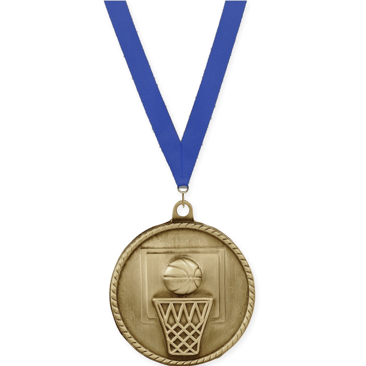 2 inch basketball High Relief medal in antique gold with Blue neck ribbon