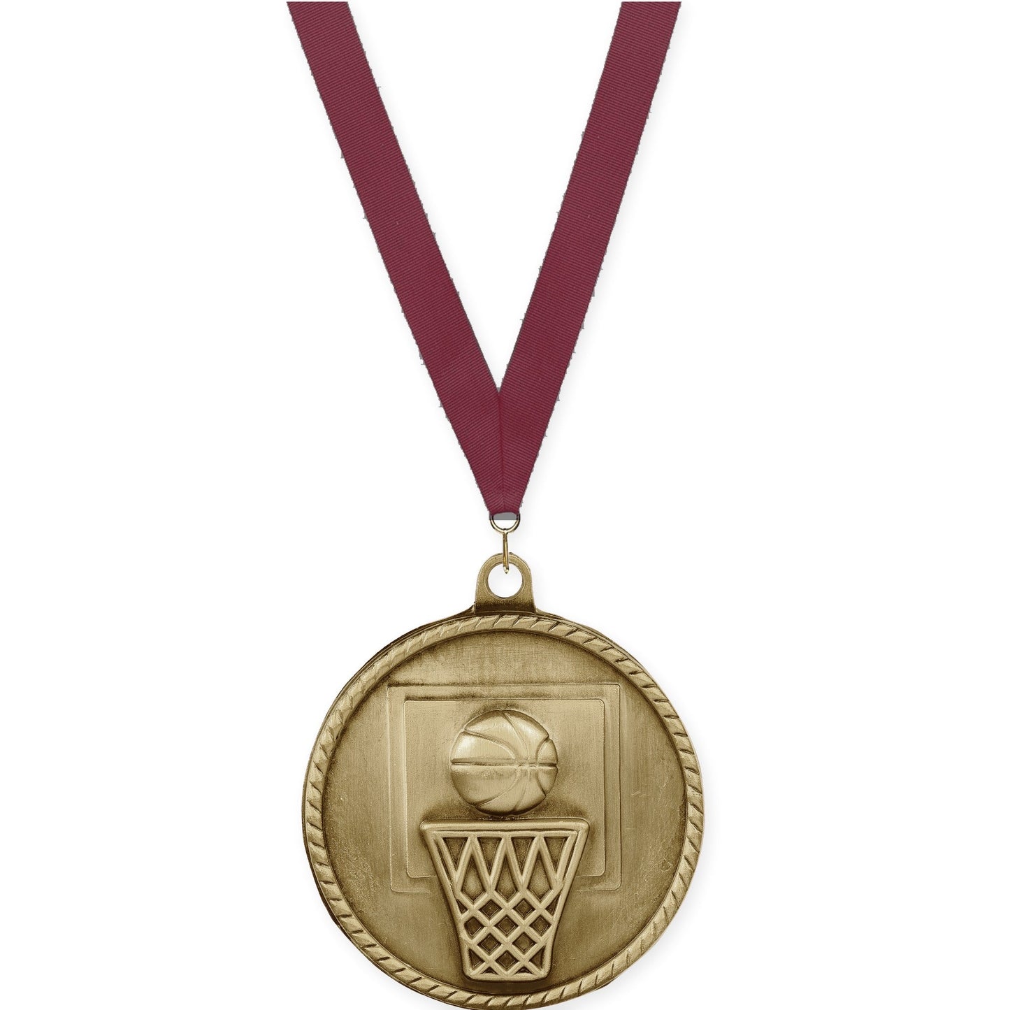 2 inch basketball High Relief medal in antique gold with Maroon neck ribbon