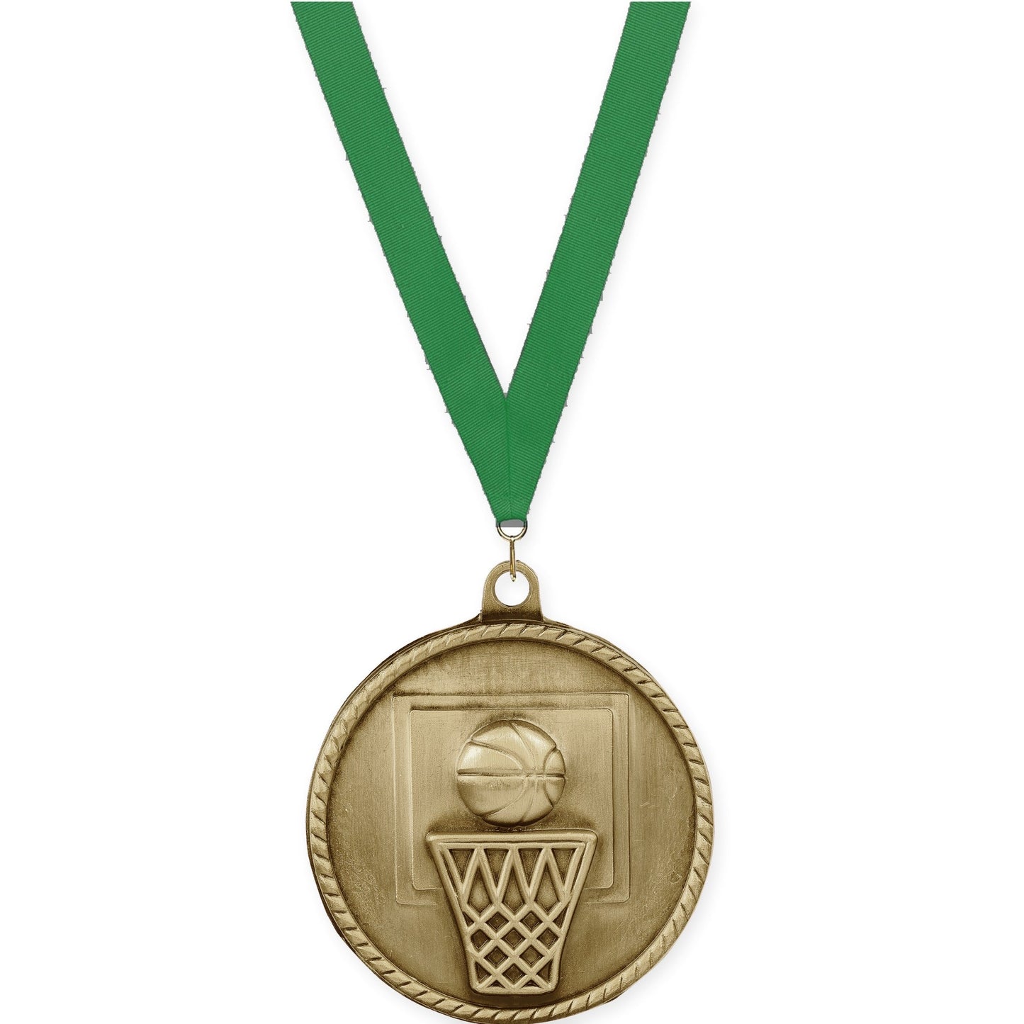 2 inch basketball High Relief medal in antique gold with Green neck ribbon