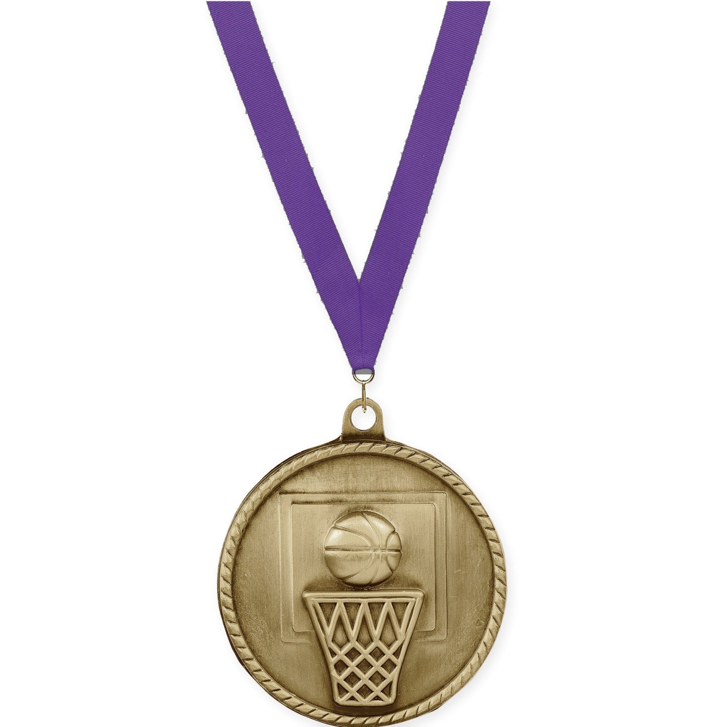 2 inch basketball High Relief medal in antique gold with Purple neck ribbon