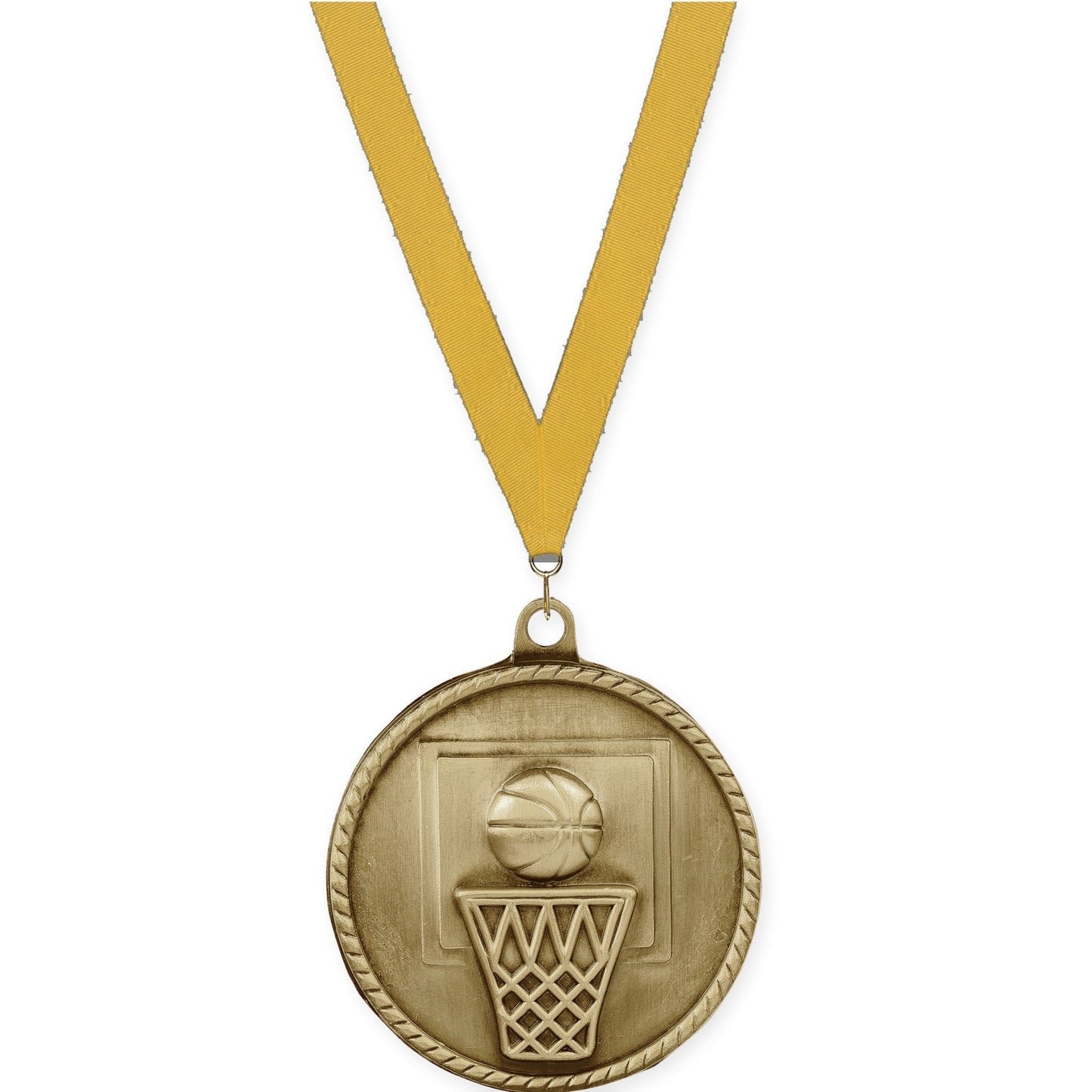 2 inch basketball High Relief medal in antique gold with Gold neck ribbon