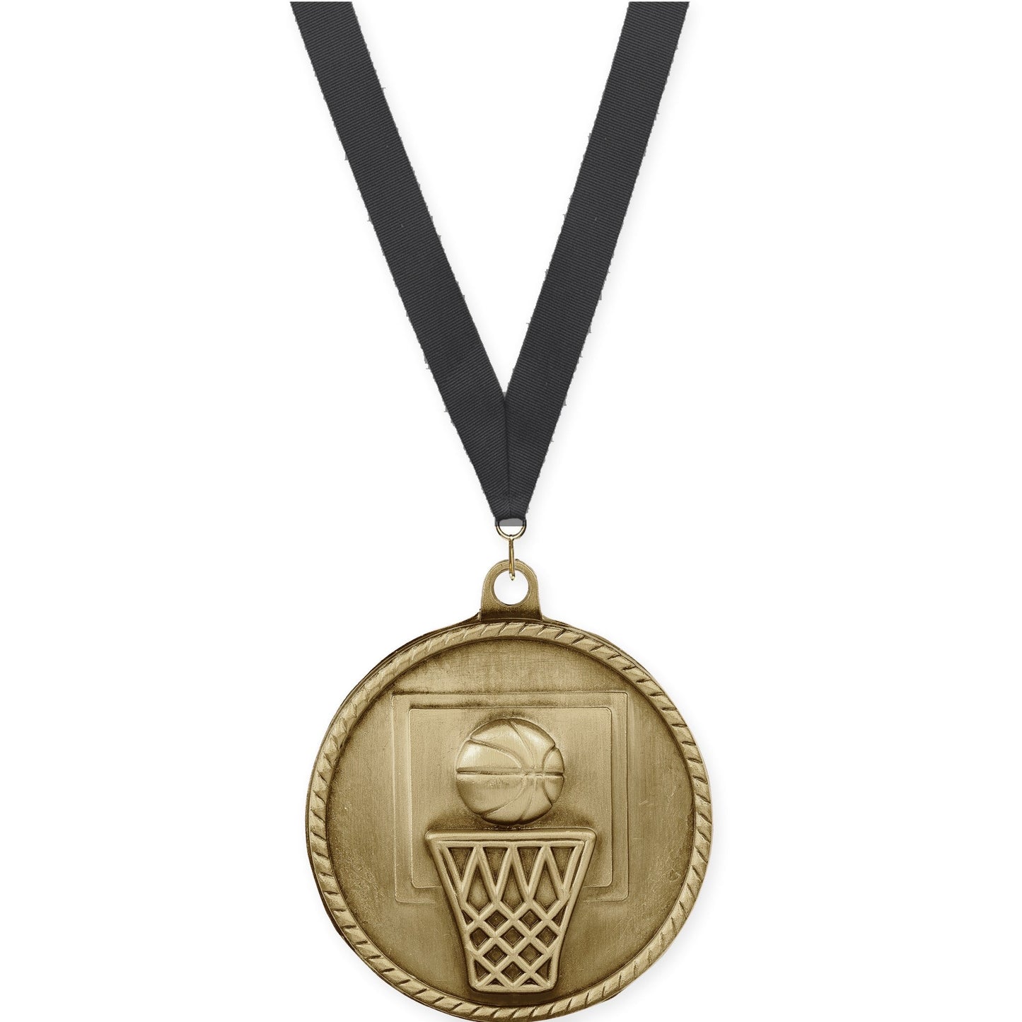 2 inch basketball High Relief medal in antique gold with Black neck ribbon