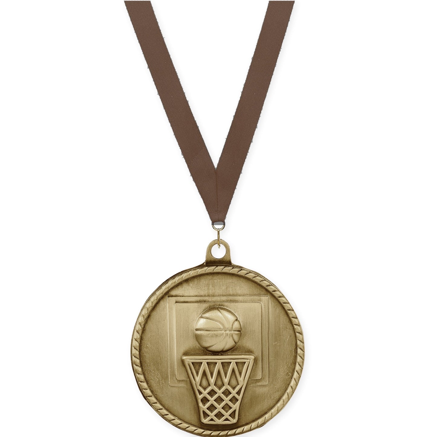 2 inch basketball High Relief medal in antique gold with Brown neck ribbon