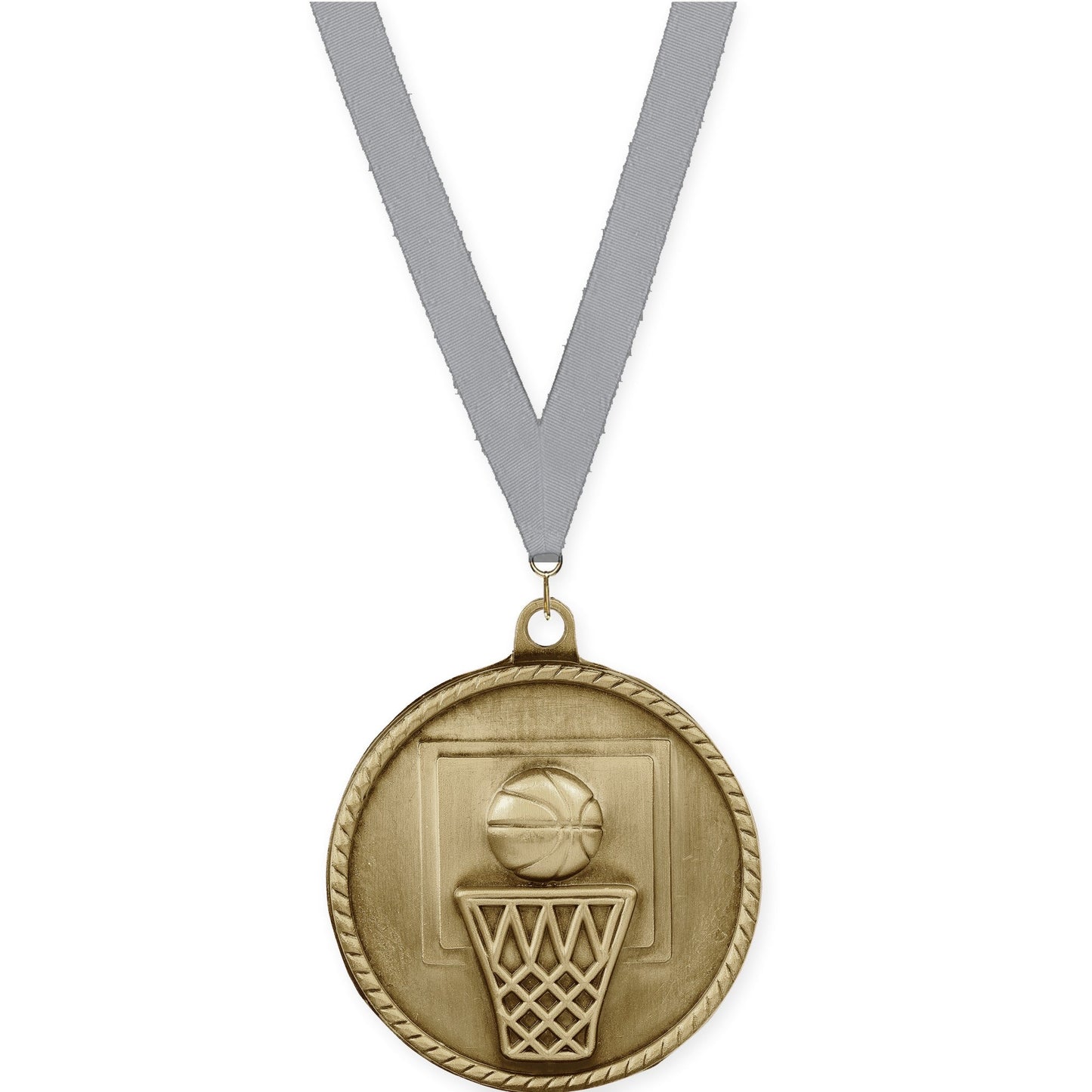 2 inch basketball High Relief medal in antique gold with Gray neck ribbon