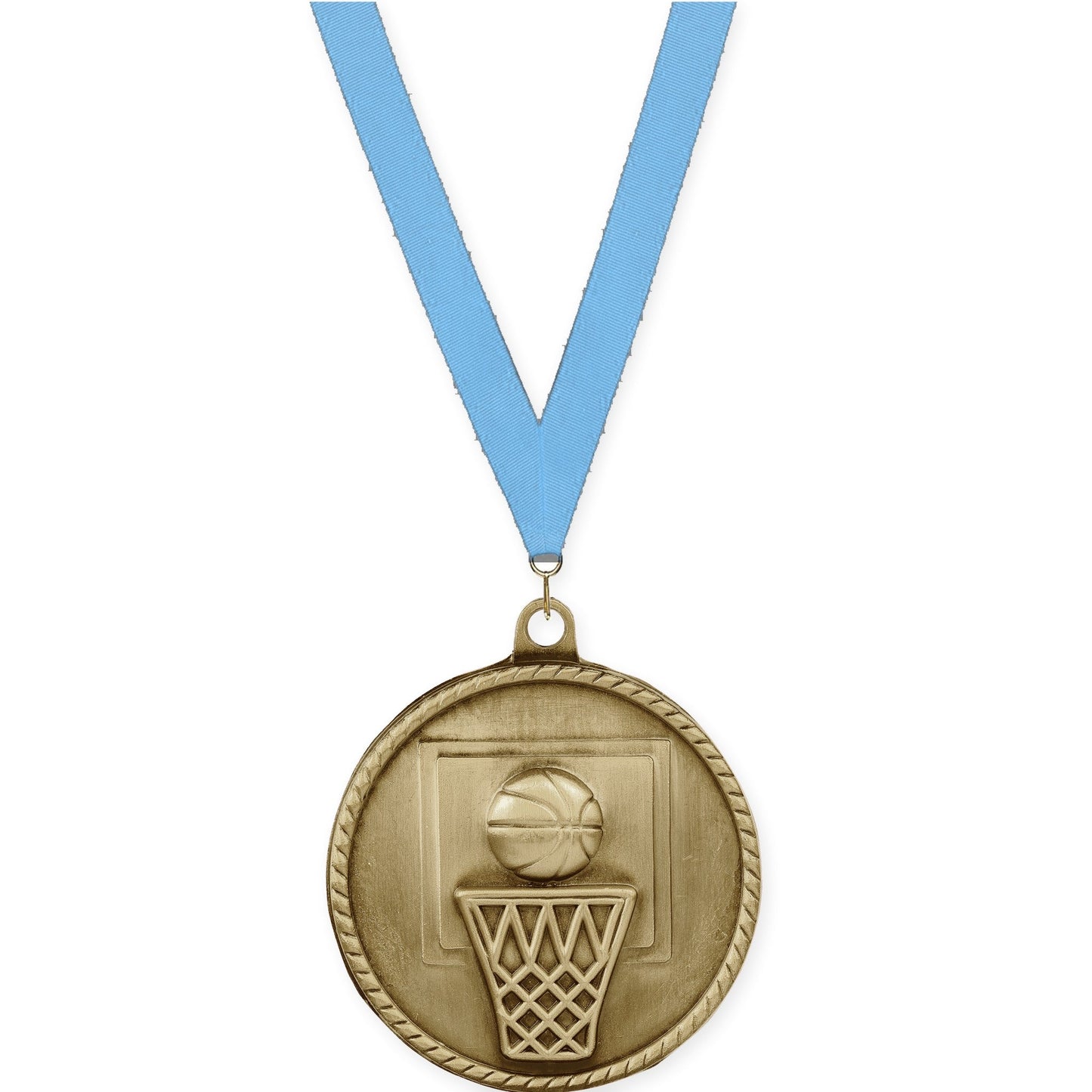 2 inch basketball High Relief medal in antique gold with Light Blue neck ribbon
