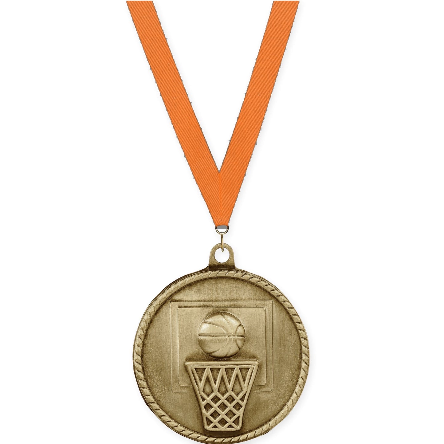 2 inch basketball High Relief medal in antique gold with Orange neck ribbon