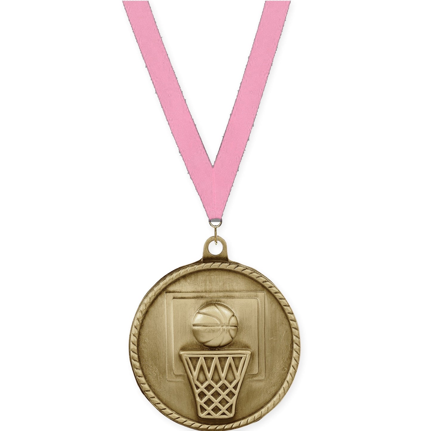 2 inch basketball High Relief medal in antique gold with Pink neck ribbon