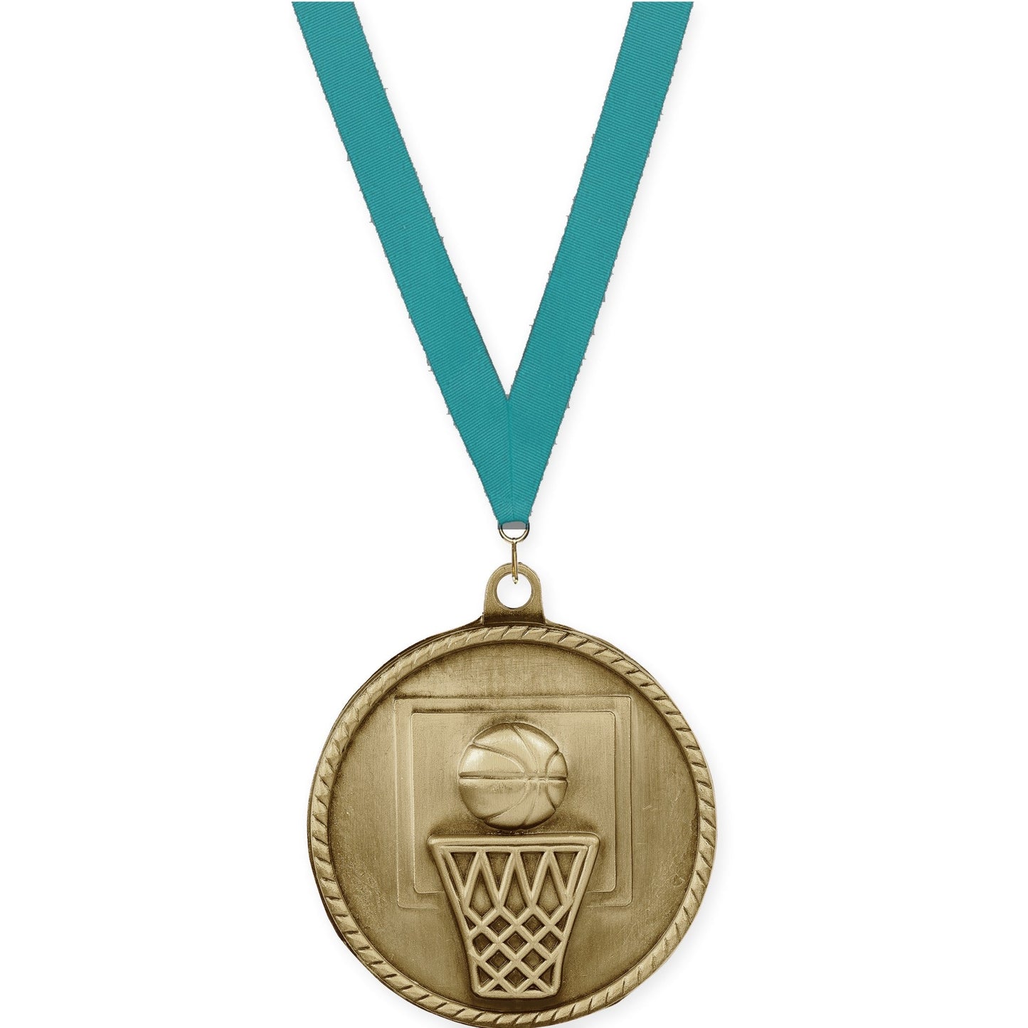 2 inch basketball High Relief medal in antique gold with Teal neck ribbon