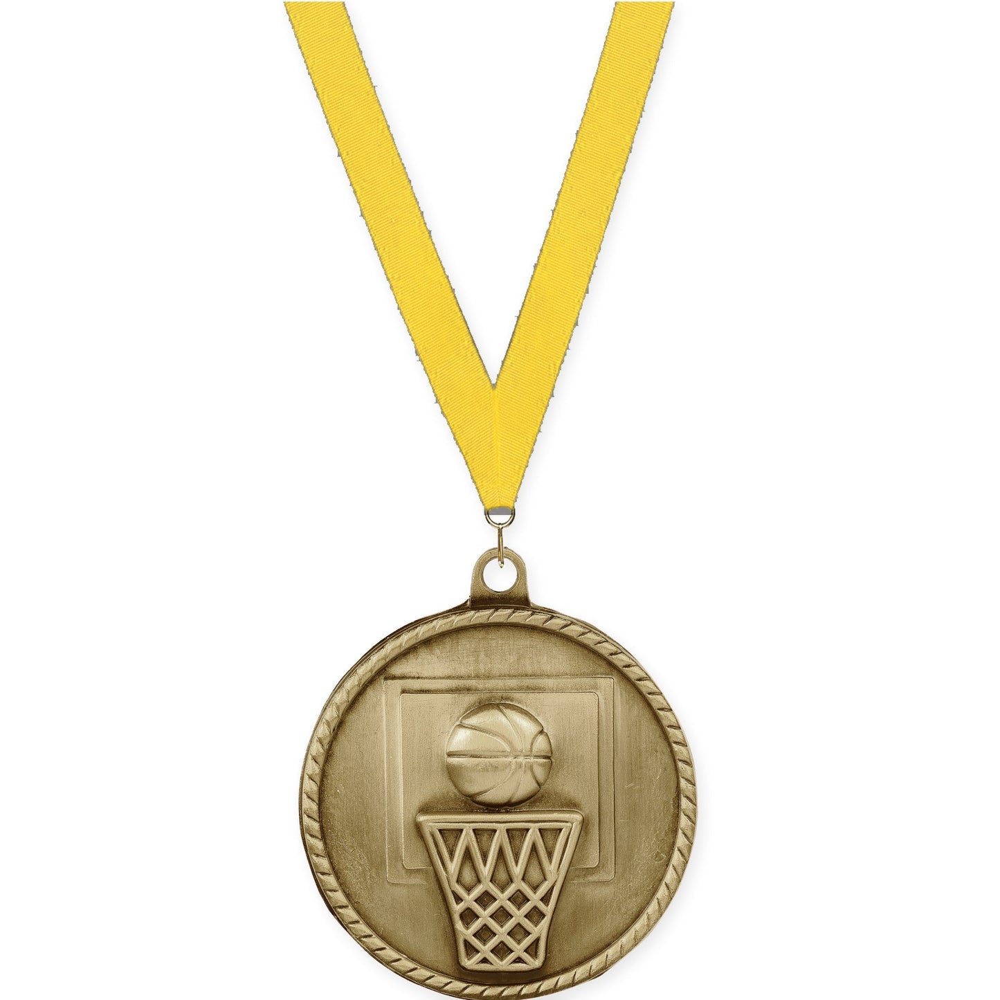 2 inch basketball High Relief medal in antique gold with Yellow neck ribbon