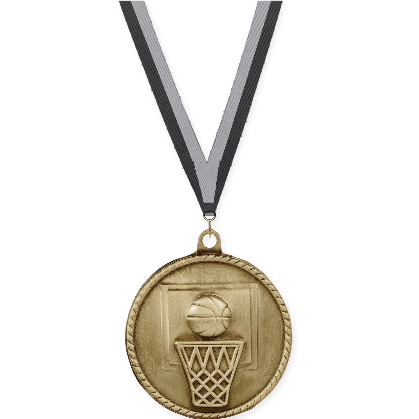 2 inch basketball High Relief medal in antique gold with Black Gray neck ribbon