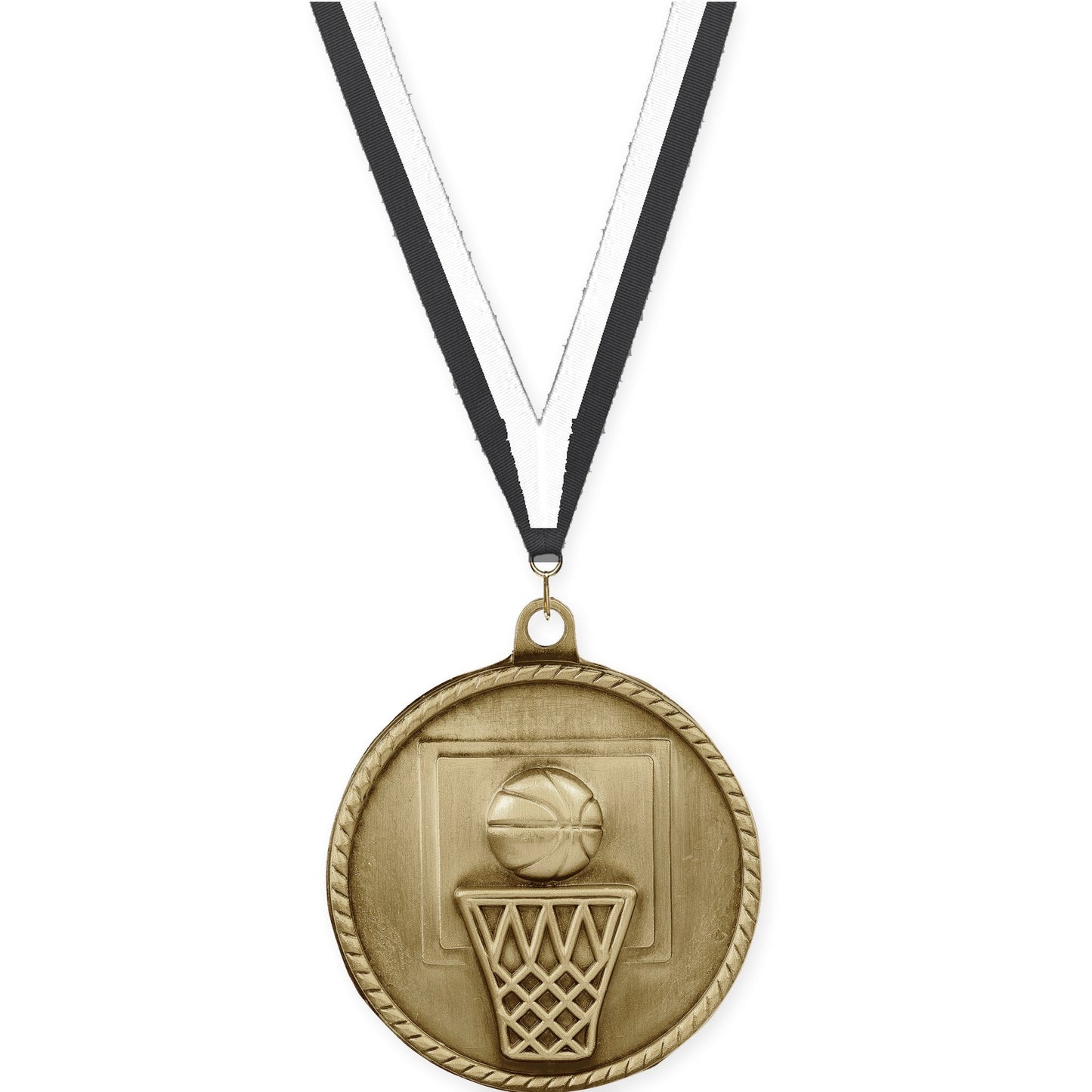 2 inch basketball High Relief medal in antique gold with Black White neck ribbon