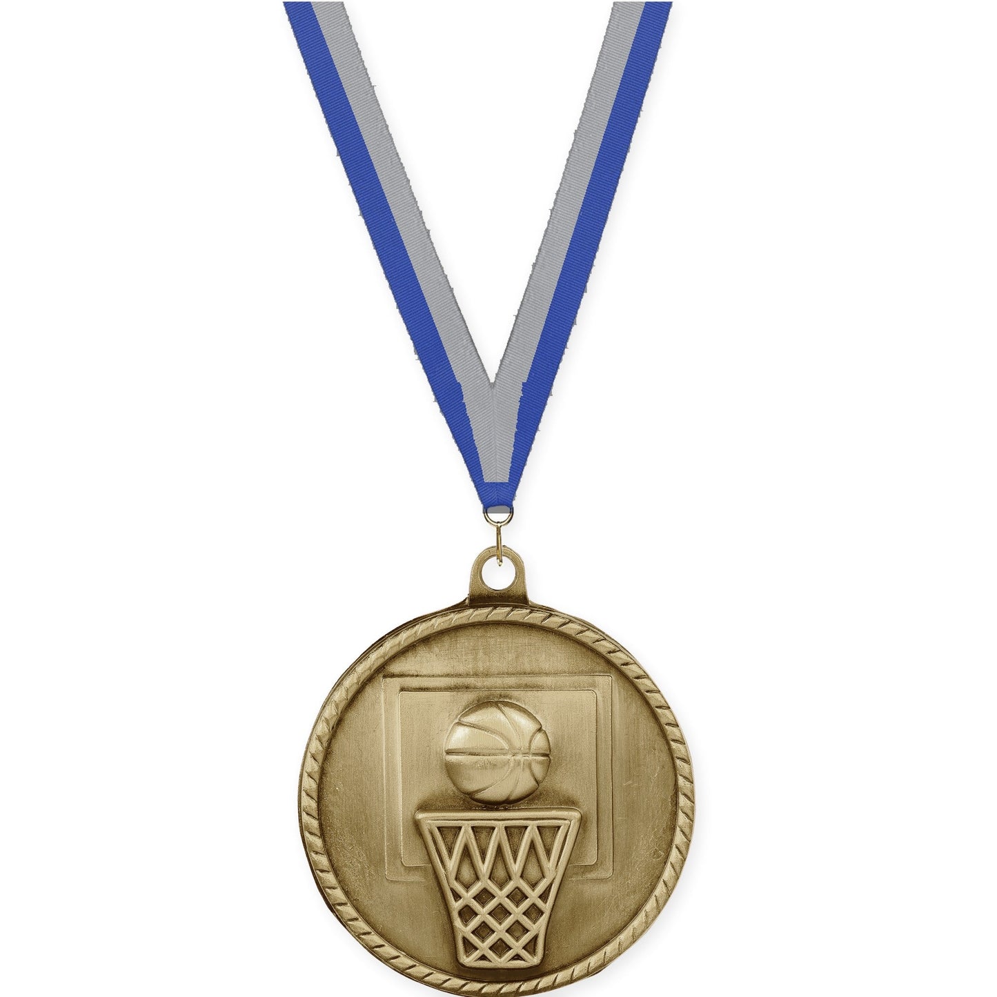2 inch basketball High Relief medal in antique gold with Blue Gray neck ribbon