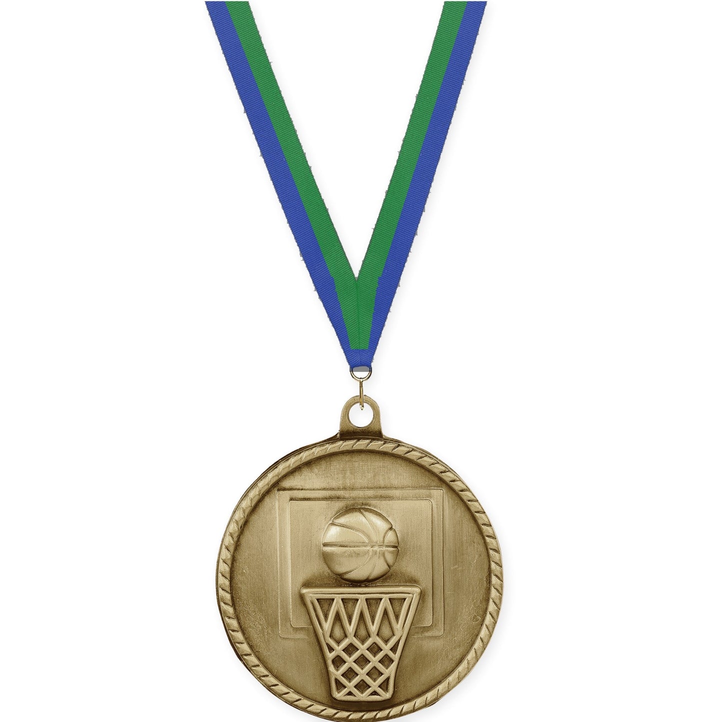 2 inch basketball High Relief medal in antique gold with Blue Green neck ribbon