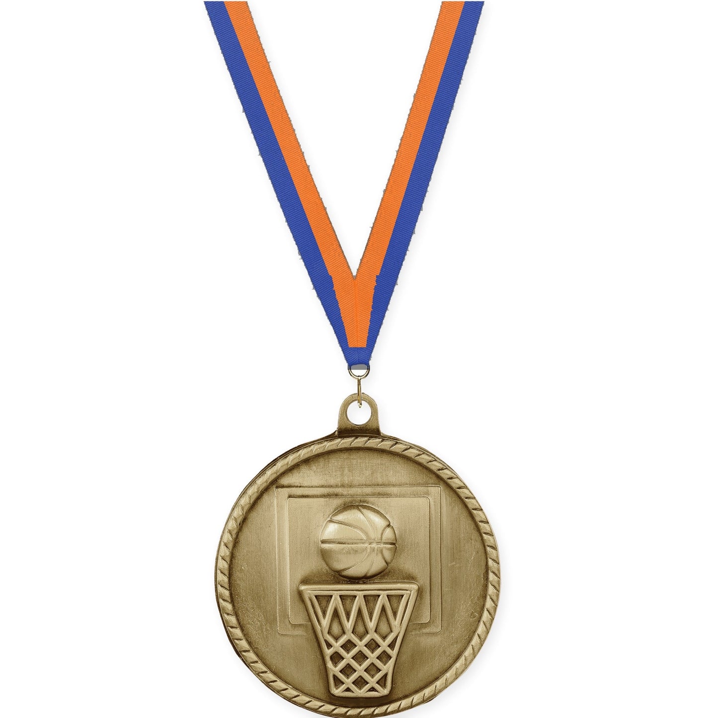 2 inch basketball High Relief medal in antique gold with Blue Orange neck ribbon