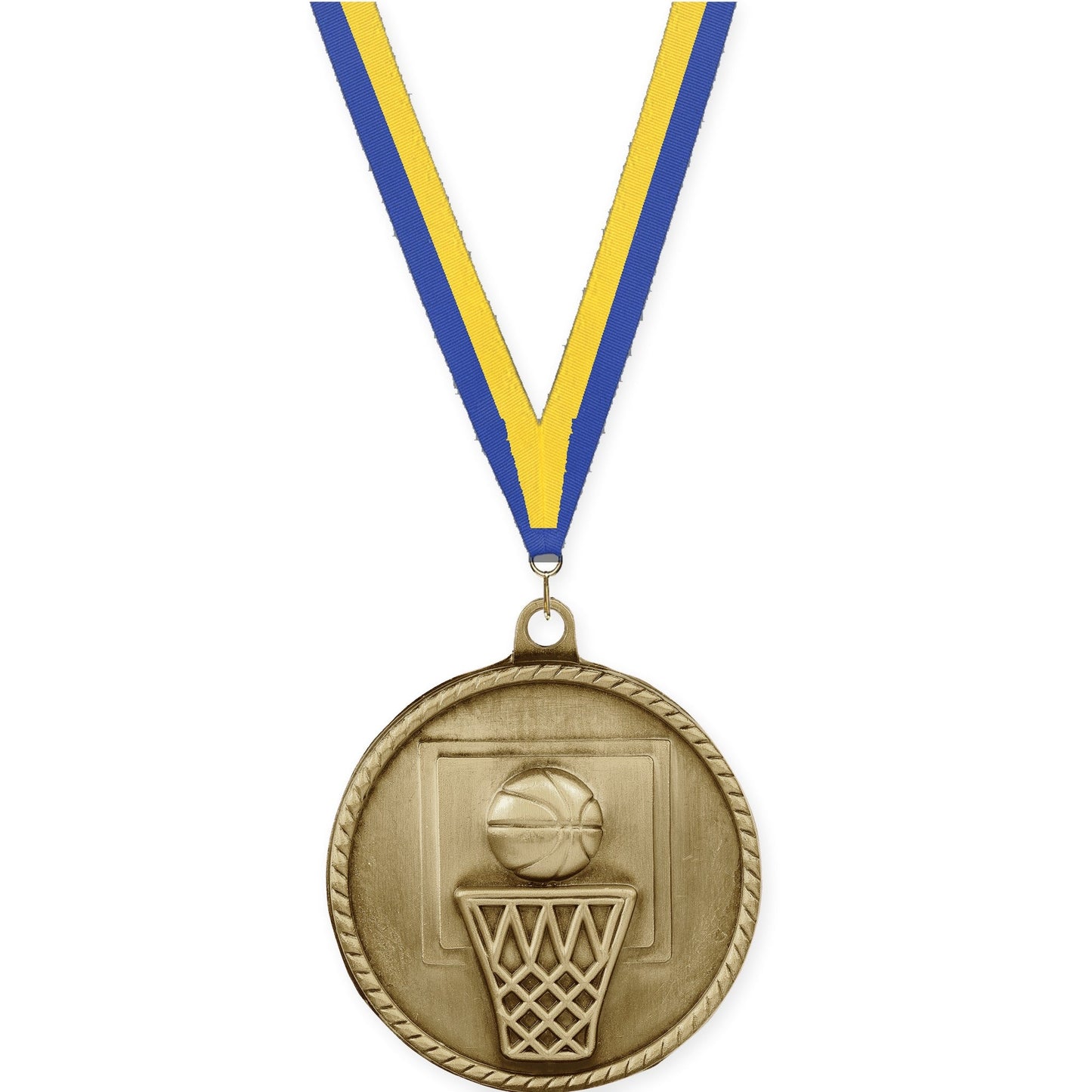 2 inch basketball High Relief medal in antique gold with Blue Yellow neck ribbon