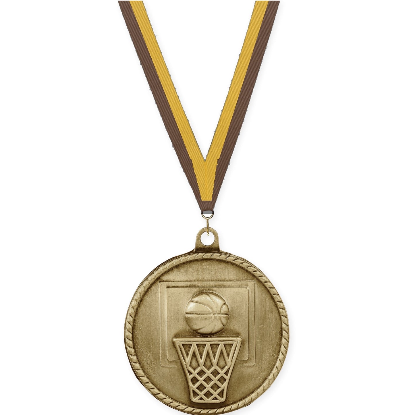 2 inch basketball High Relief medal in antique gold with Brown Gold neck ribbon