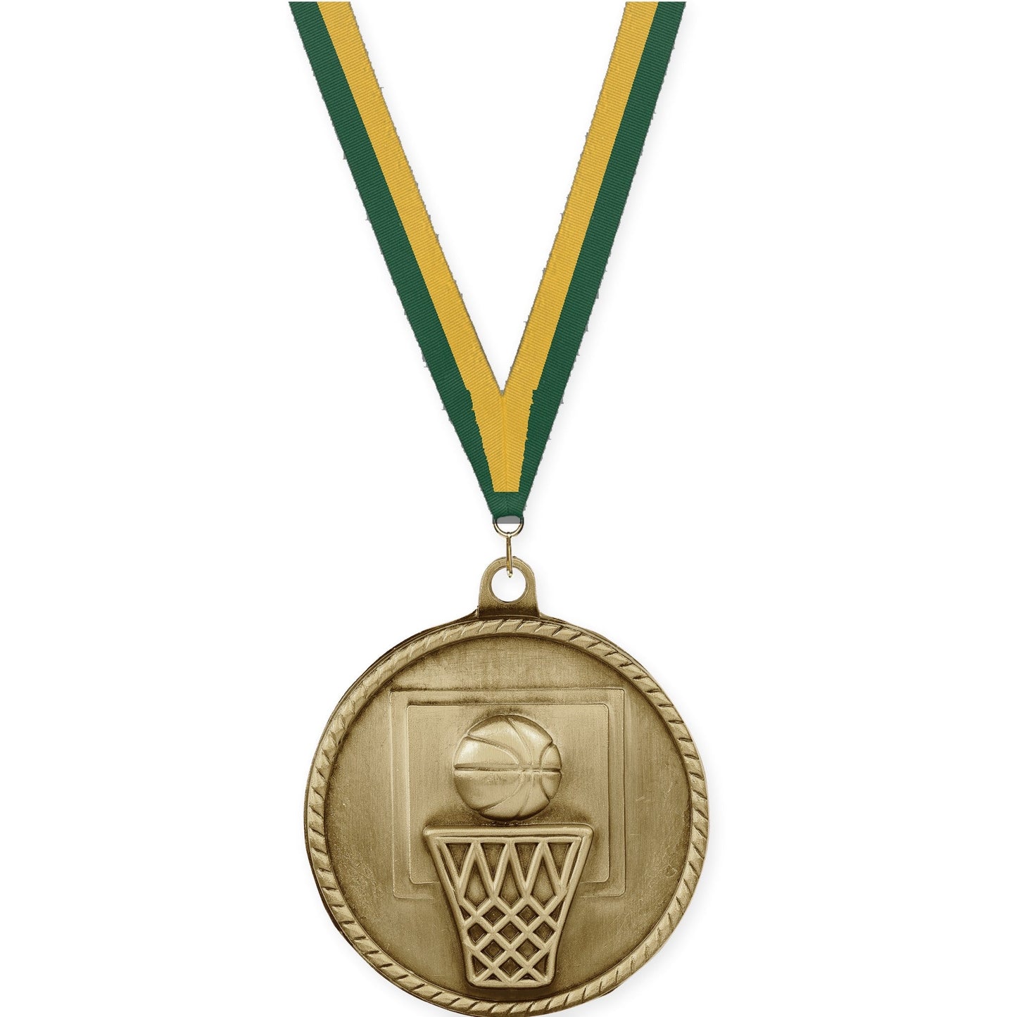 2 inch basketball High Relief medal in antique gold with Hunter Green Gold neck ribbon