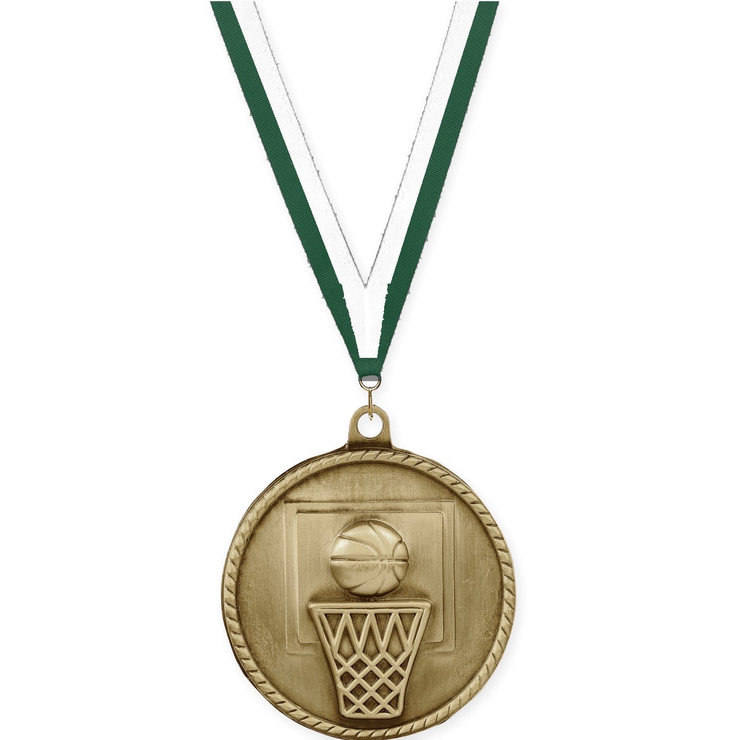 2 inch basketball High Relief medal in antique gold with Hunter Green White neck ribbon