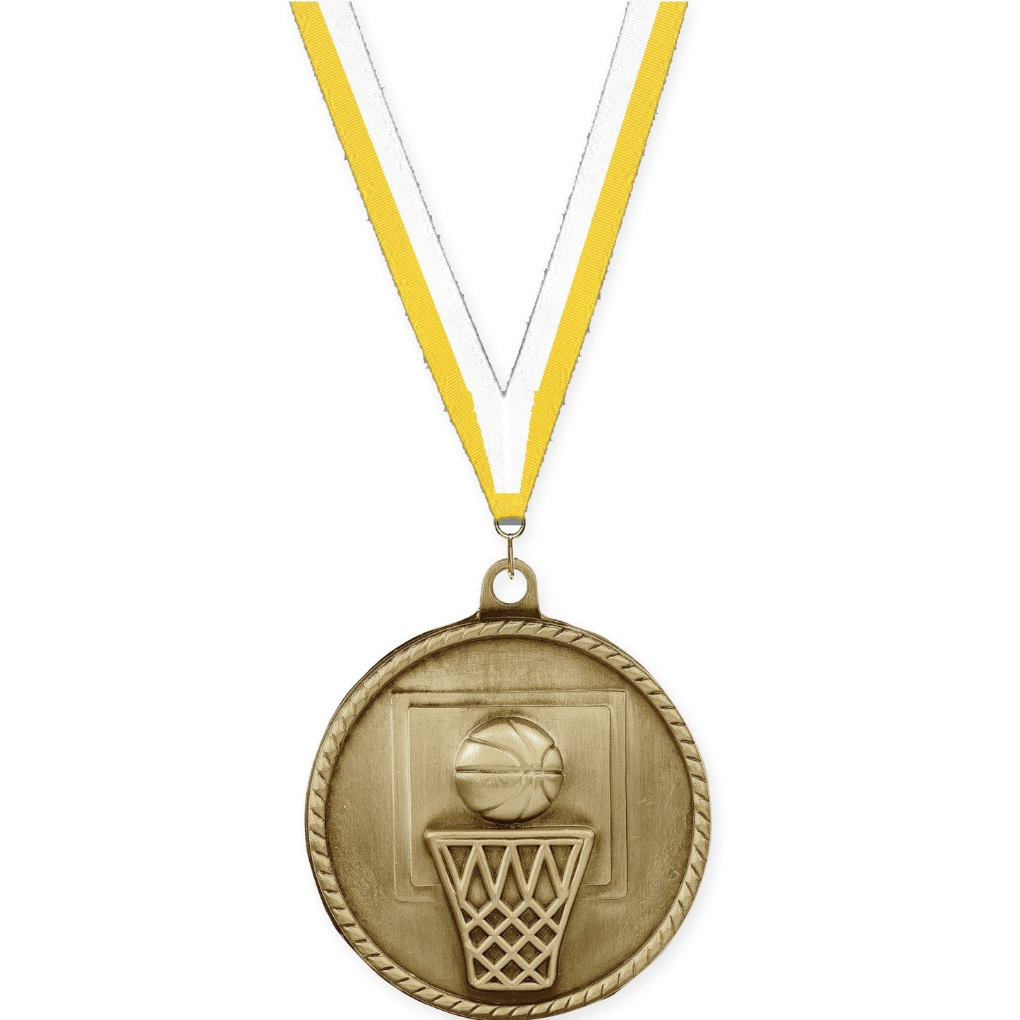 2 inch basketball High Relief medal in antique gold with Yellow White neck ribbon