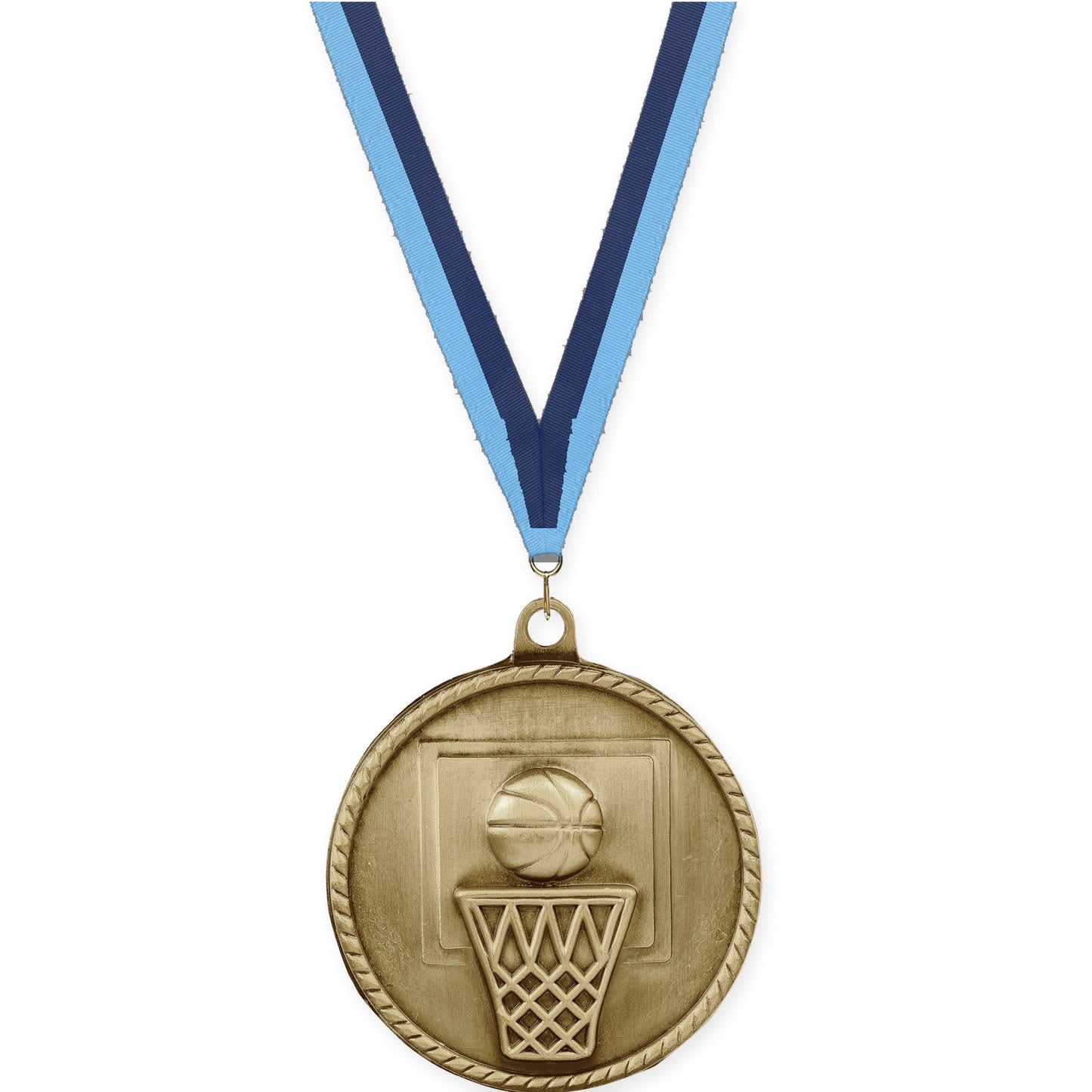 2 inch basketball High Relief medal in antique gold with Light Blue Navy neck ribbon