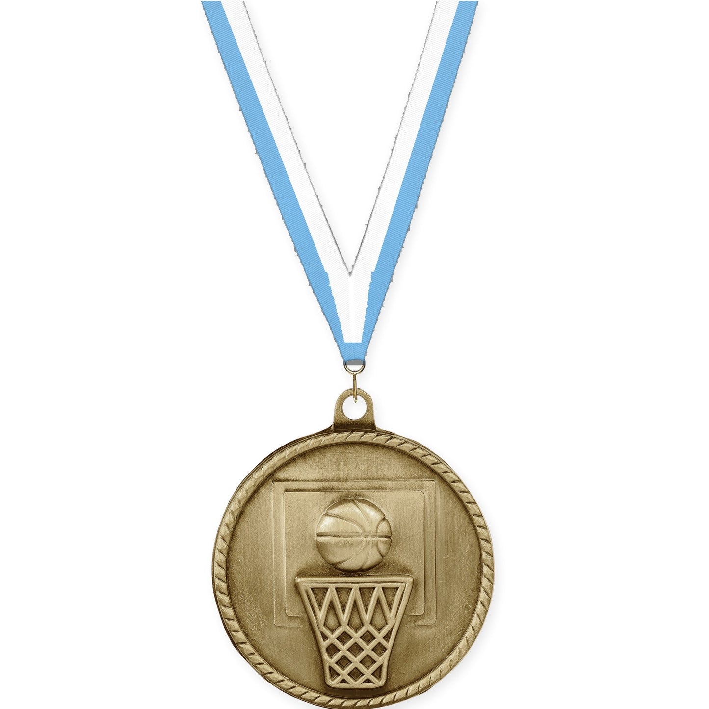 2 inch basketball High Relief medal in antique gold with Light Blue White neck ribbon