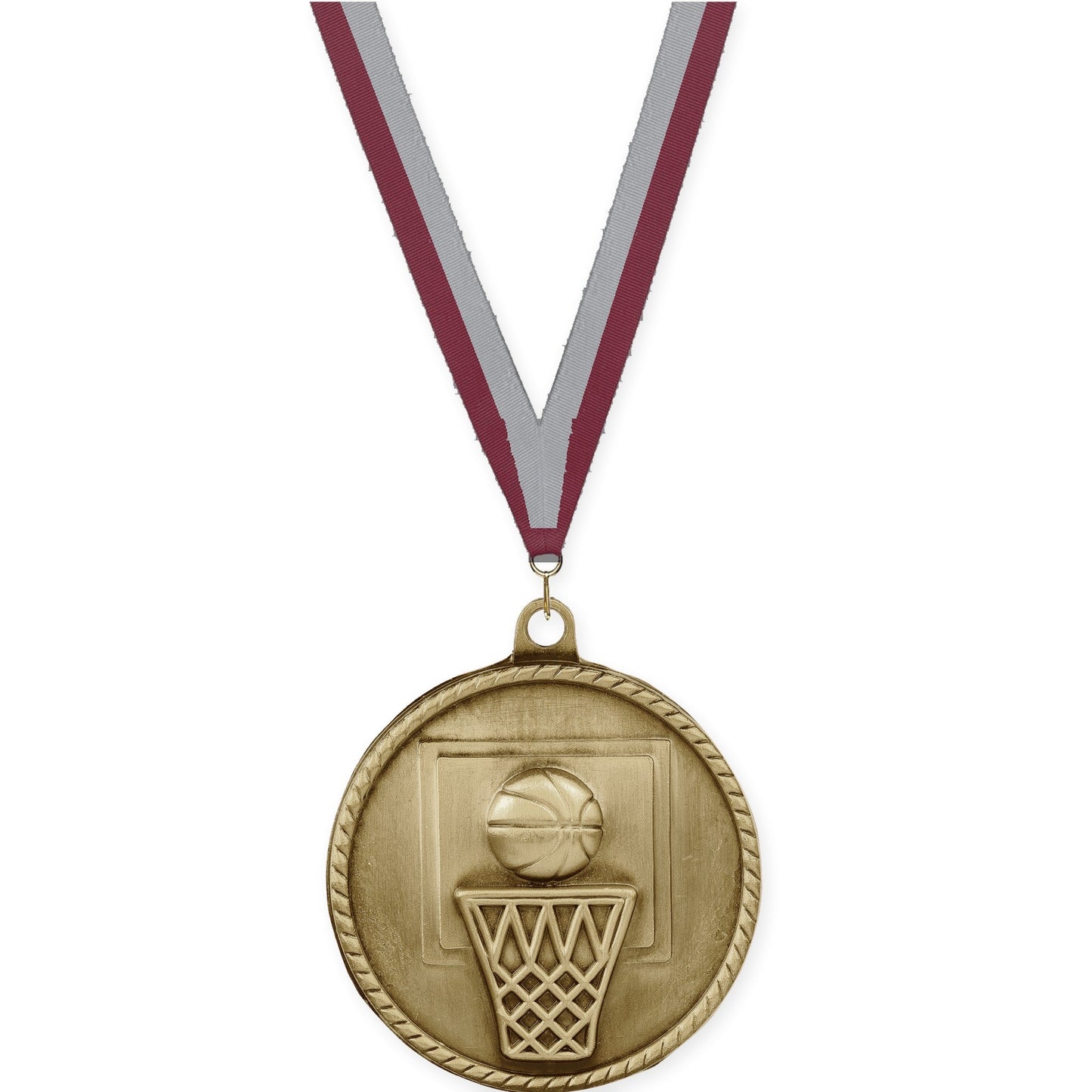 2 inch basketball High Relief medal in antique gold with Maroon Gray neck ribbon