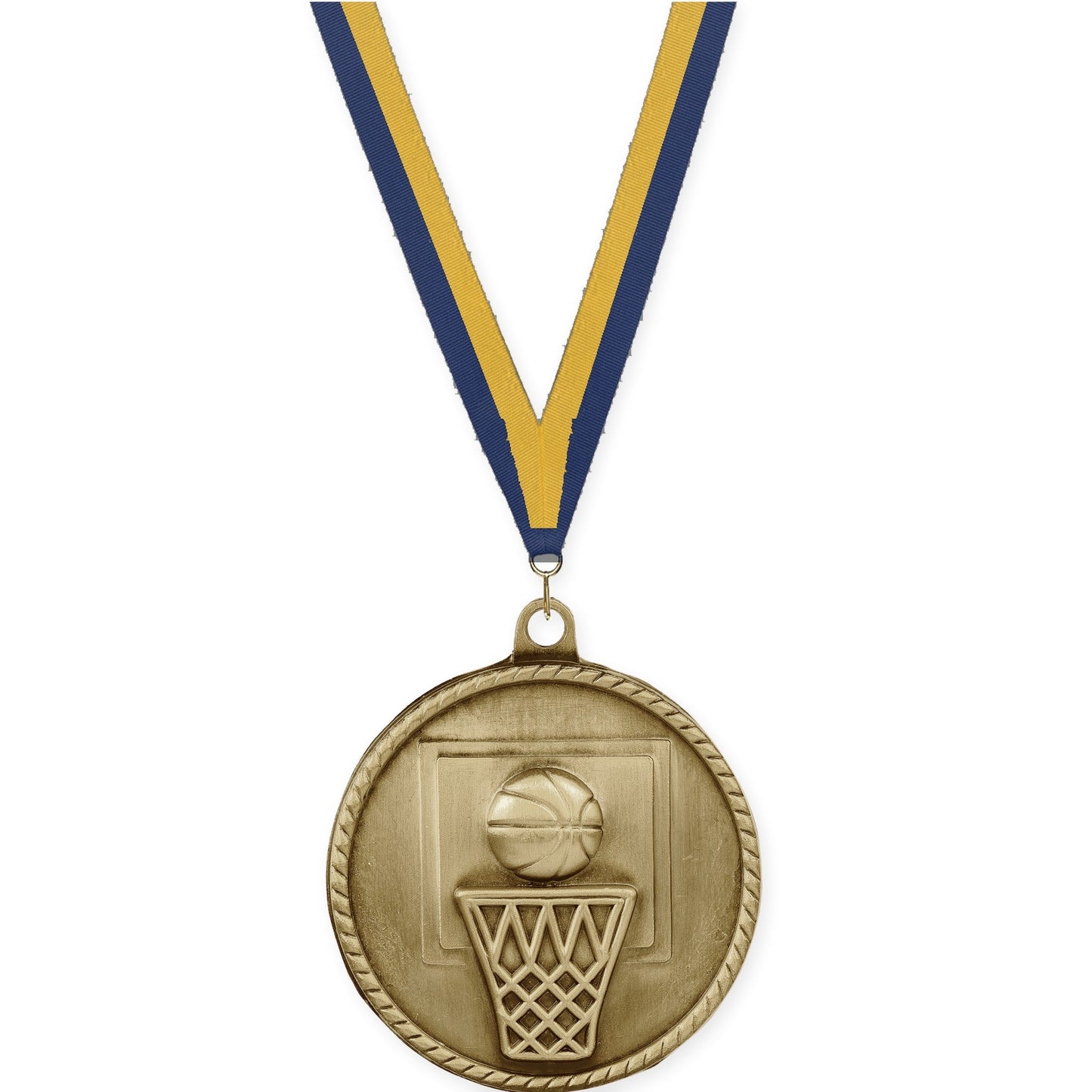 2 inch basketball High Relief medal in antique gold with Navy Gold neck ribbon