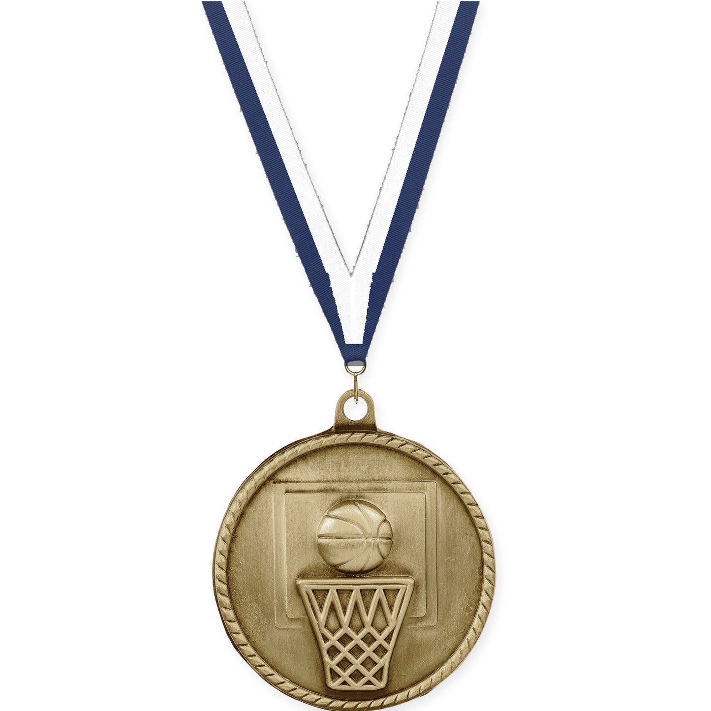 2 inch basketball High Relief medal in antique gold with Navy White neck ribbon
