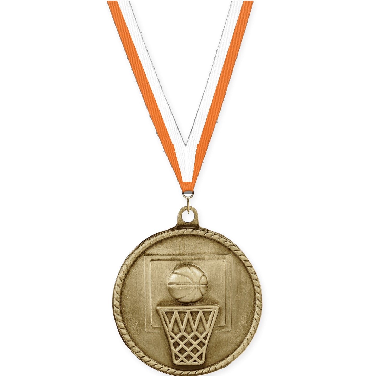 2 inch basketball High Relief medal in antique gold with Orange White neck ribbon