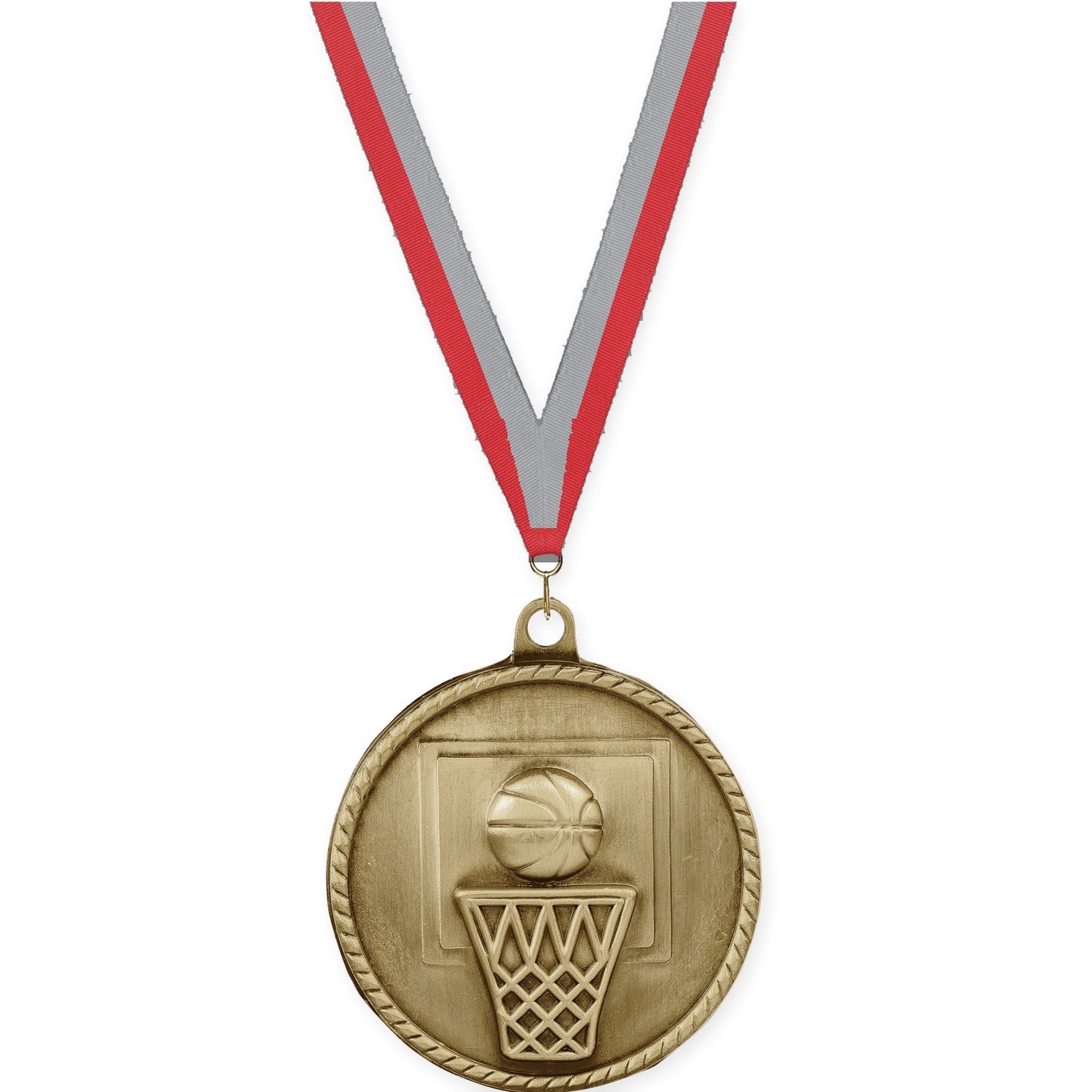 2 inch basketball High Relief medal in antique gold with Red Gray neck ribbon