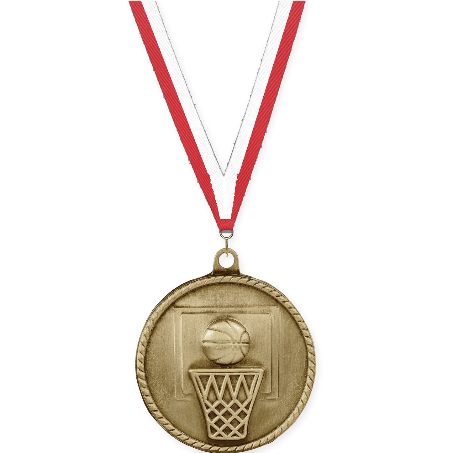 2 inch basketball High Relief medal in antique gold with Red White neck ribbon