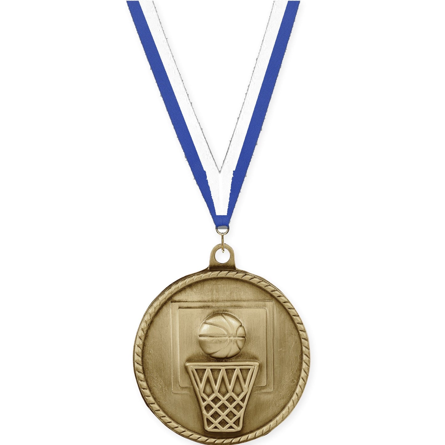 2 inch basketball High Relief medal in antique gold with Blue White neck ribbon