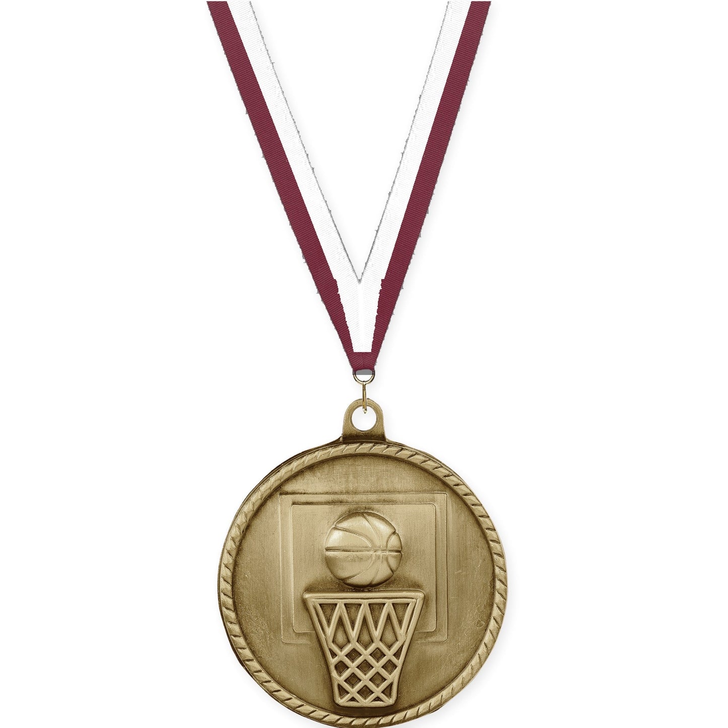 2 inch basketball High Relief medal in antique gold with Maroon White neck ribbon