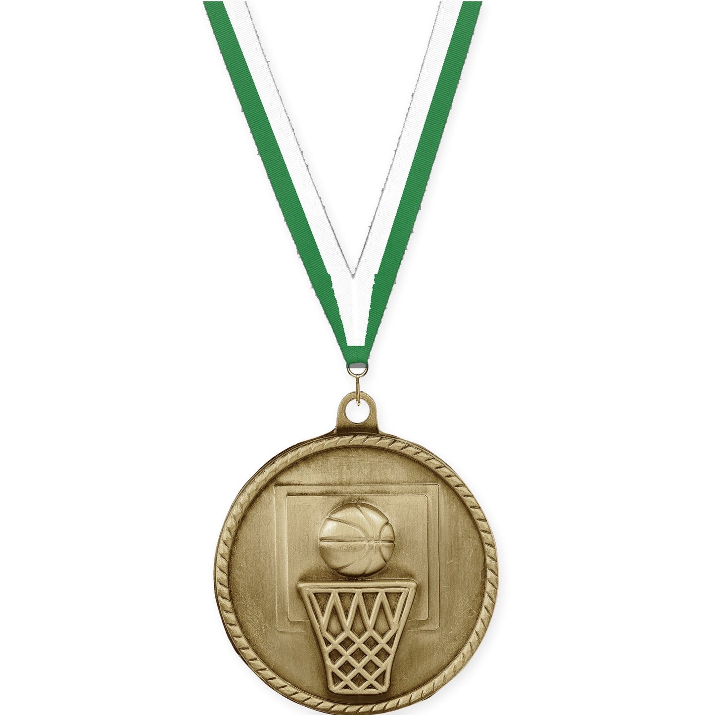 2 inch basketball High Relief medal in antique gold with Green White neck ribbon