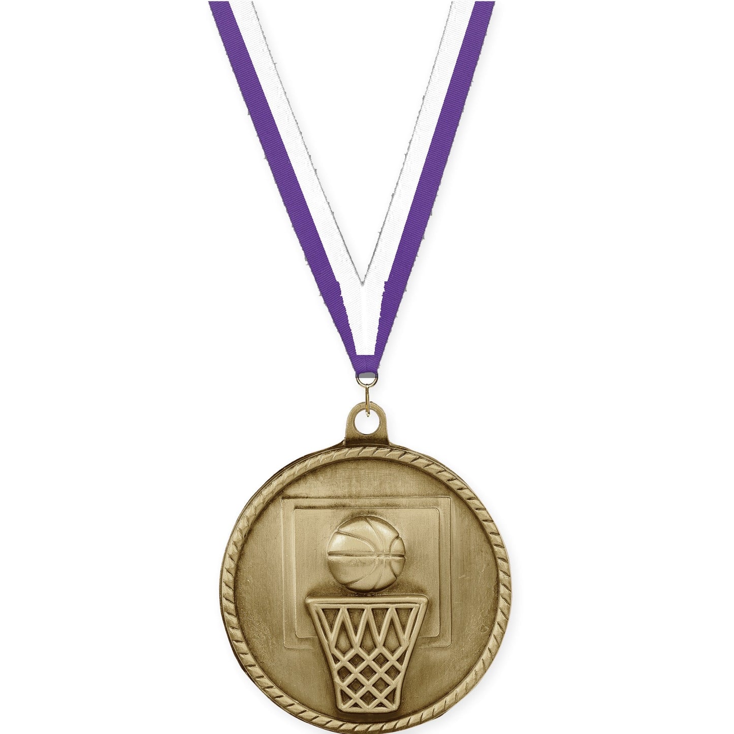 2 inch basketball High Relief medal in antique gold with Purple White neck ribbon