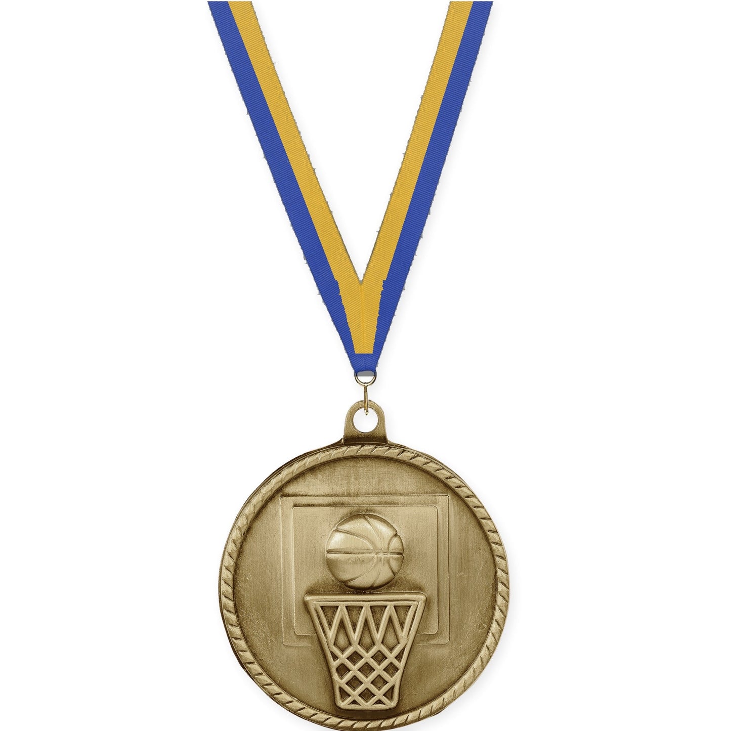 2 inch basketball High Relief medal in antique gold with Blue Gold neck ribbon