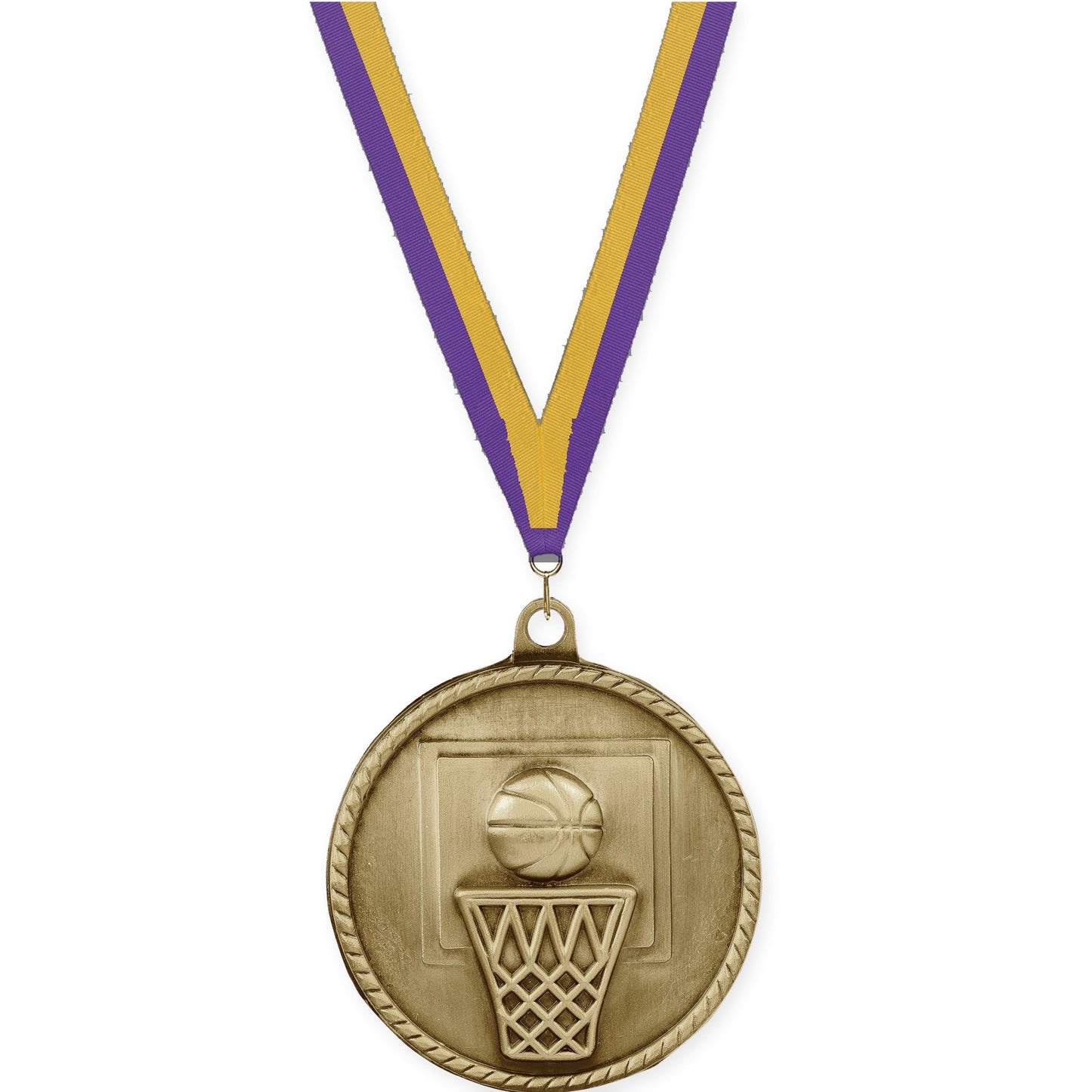 2 inch basketball High Relief medal in antique gold with Purple Gold neck ribbon