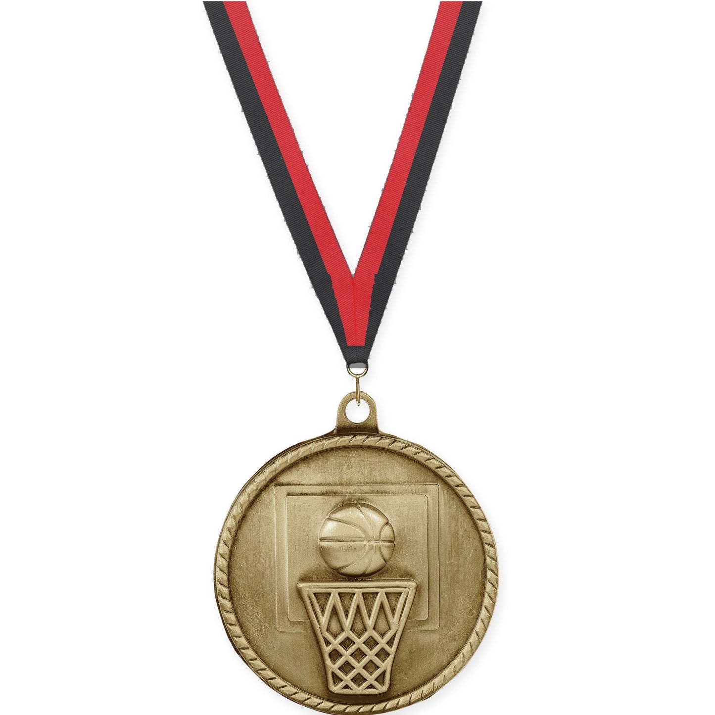 2 inch basketball High Relief medal in antique gold with Black Red neck ribbon