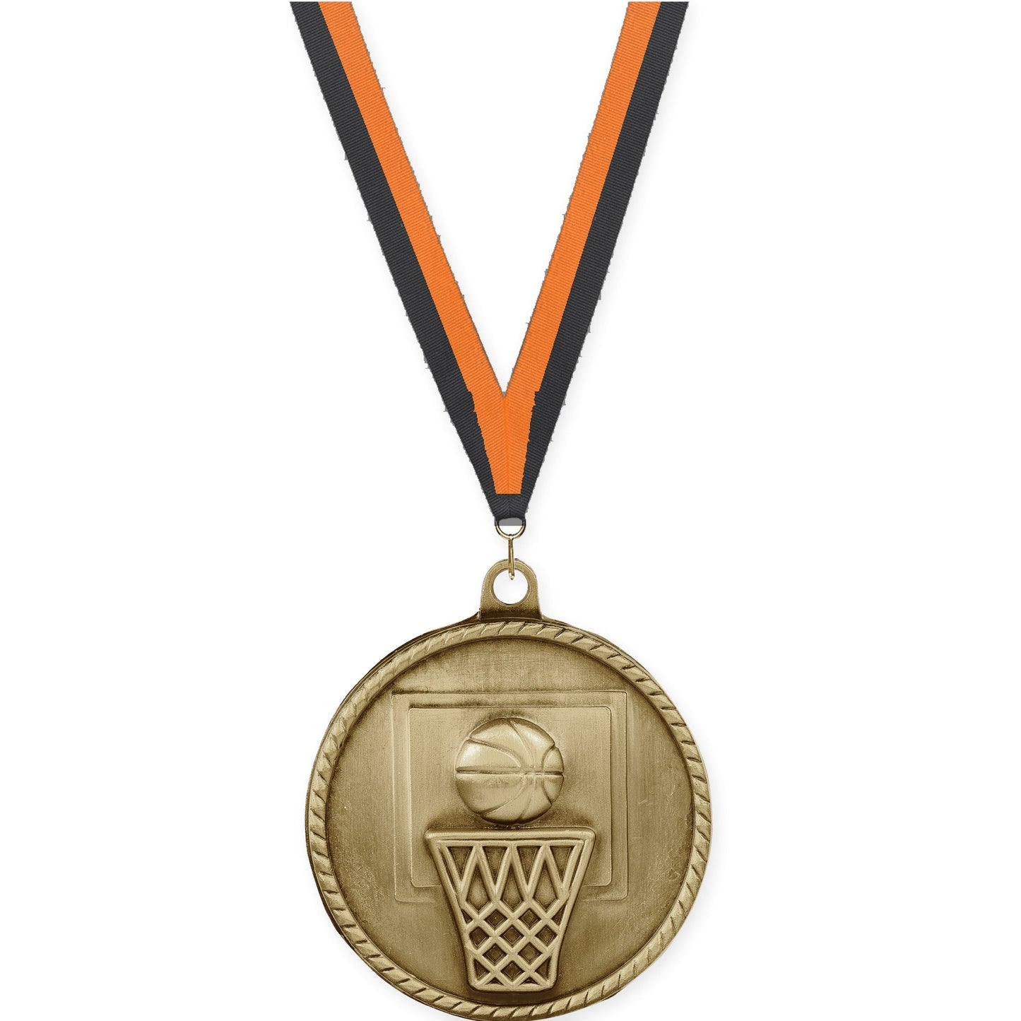 2 inch basketball High Relief medal in antique gold with Black Orange neck ribbon