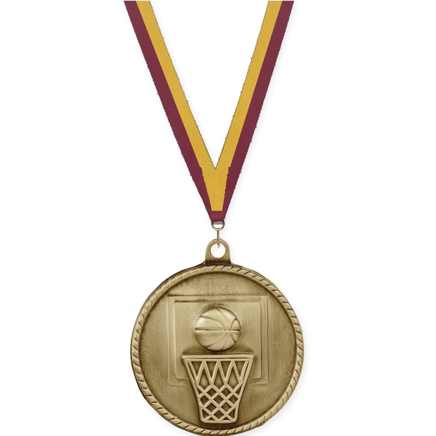 2 inch basketball High Relief medal in antique gold with Maroon Gold neck ribbon