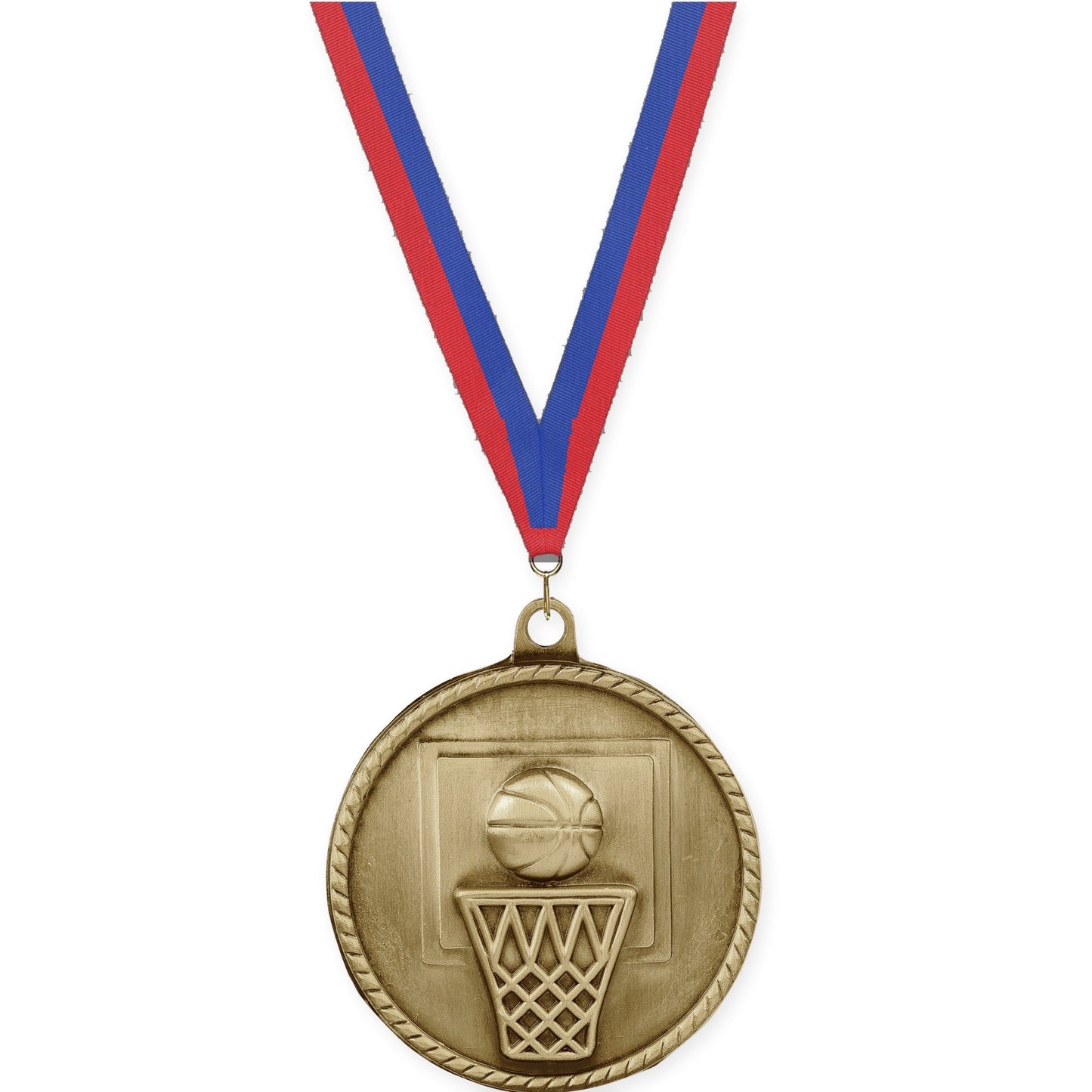 2 inch basketball High Relief medal in antique gold with Blue Red neck ribbon